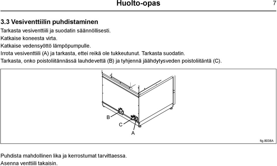 Irrota vesiventtiili (A) ja tarkasta, ettei reikä ole tukkeutunut. Tarkasta suodatin.