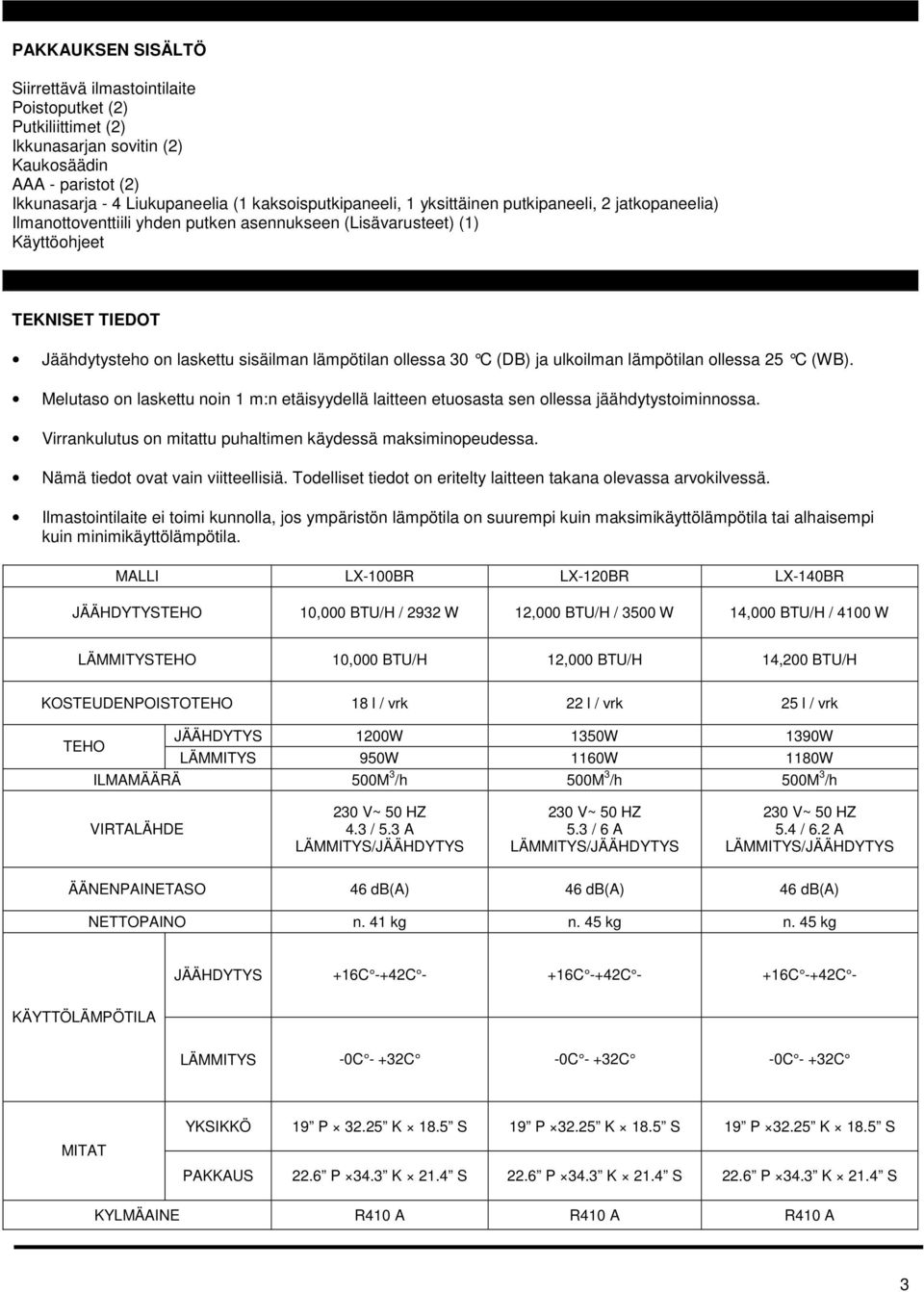 (DB) ja ulkoilman lämpötilan ollessa 25 C (WB). Melutaso on laskettu noin 1 m:n etäisyydellä laitteen etuosasta sen ollessa jäähdytystoiminnossa.