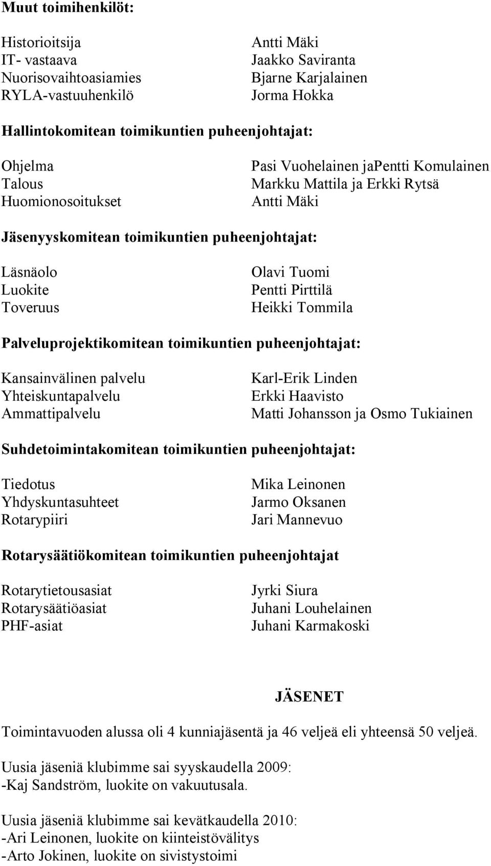 Pentti Pirttilä Heikki Tommila Palveluprojektikomitean toimikuntien puheenjohtajat: Kansainvälinen palvelu Yhteiskuntapalvelu Ammattipalvelu Karl Erik Linden Erkki Haavisto Matti Johansson ja Osmo