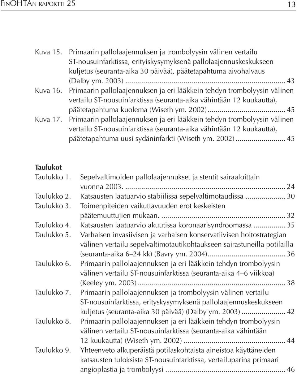 2003)... 43 Kuva 16. Primaarin pallolaajennuksen ja eri lääkkein tehdyn trombolyysin välinen vertailu ST-nousuinfarktissa (seuranta-aika vähintään 12 kuukautta), päätetapahtuma kuolema (Wiseth ym.