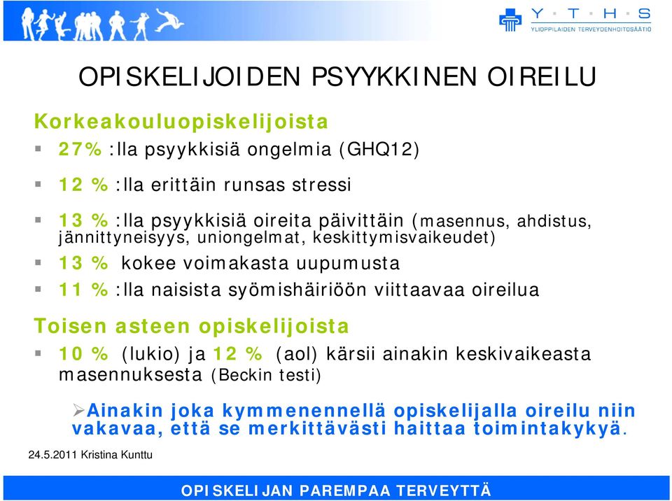 naisista syömishäiriöön viittaavaa oireilua Toisen asteen opiskelijoista 10 % (lukio) ja 12 % (aol) kärsii ainakin keskivaikeasta masennuksesta