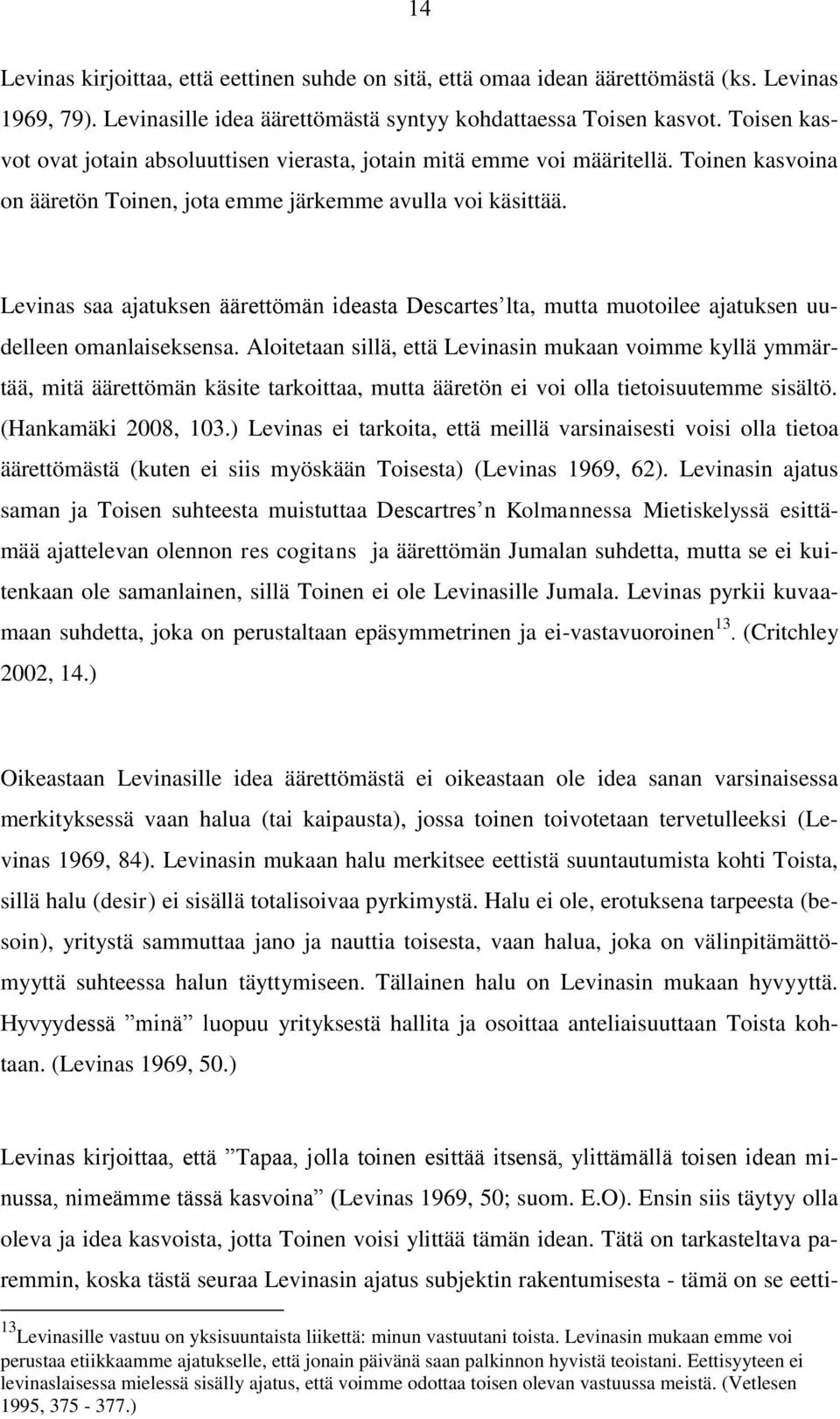 Levinas saa ajatuksen äärettömän ideasta Descartes lta, mutta muotoilee ajatuksen uudelleen omanlaiseksensa.