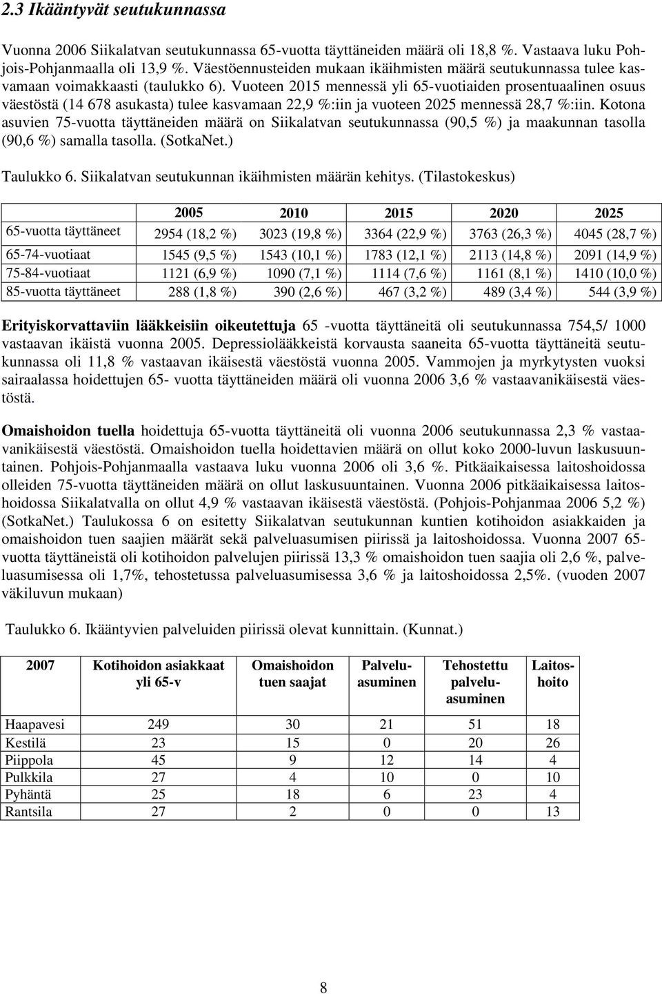 Vuoteen 2015 mennessä yli 65-vuotiaiden prosentuaalinen osuus väestöstä (14 678 asukasta) tulee kasvamaan 22,9 %:iin ja vuoteen 2025 mennessä 28,7 %:iin.