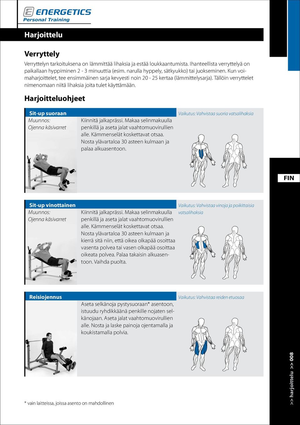 Tällöin verryttelet nimenomaan niitä lihaksia joita tulet käyttämään. Harjoitteluohjeet Sit-up suoraan Muunnos: Ojenna käsivarret Kiinnitä jalkaprässi.