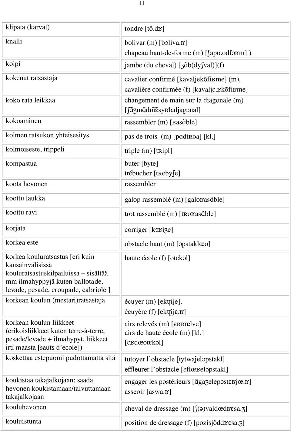 korkean koulun liikkeet (erikoisliikkeet kuten terre-à-terre, pesade/levade + ilmahypyt, liikkeet irti maasta [sauts d école]) koskettaa estepuomi pudottamatta sitä koukistaa takajalkojaan; saada