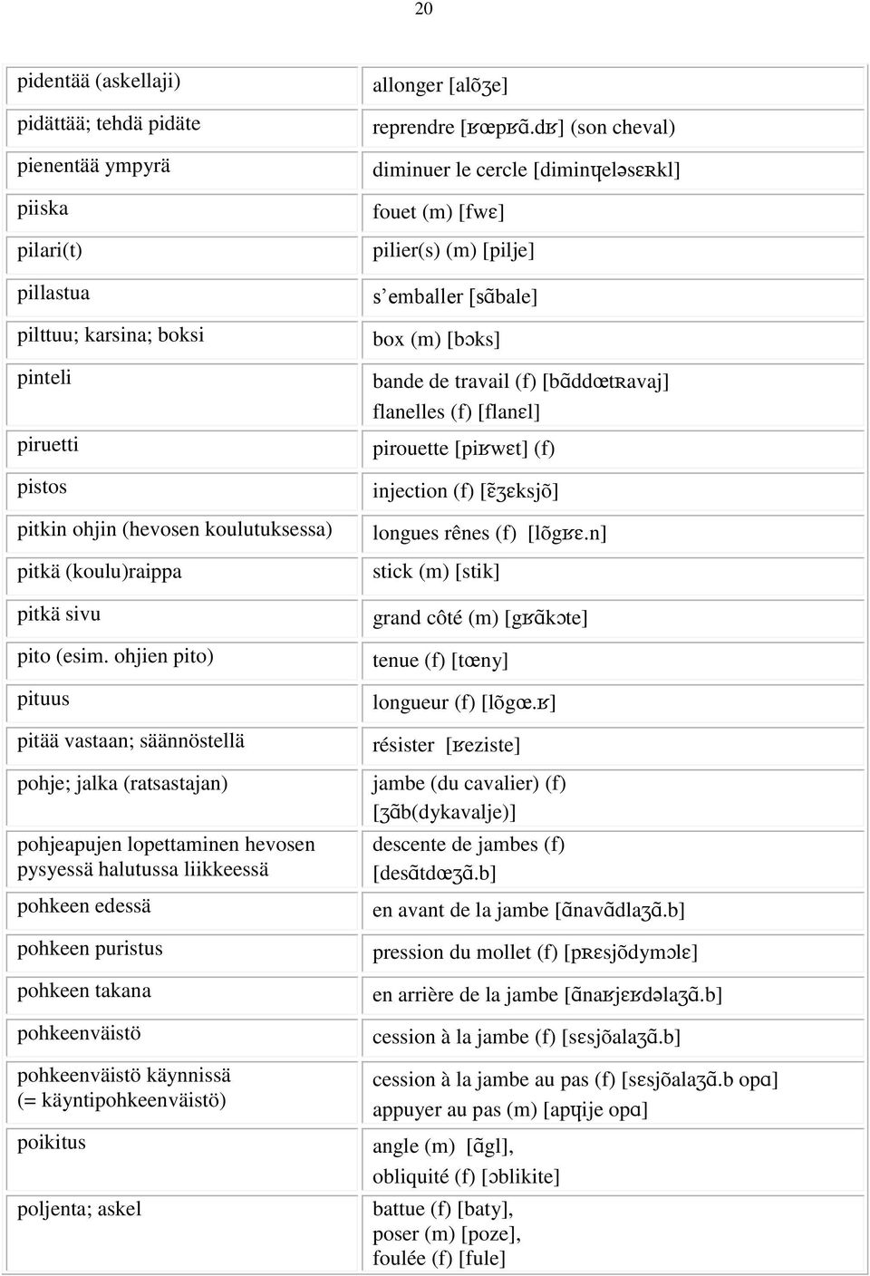 ohjien pito) pituus pitää vastaan; säännöstellä pohje; jalka (ratsastajan) pohjeapujen lopettaminen hevosen pysyessä halutussa liikkeessä pohkeen edessä pohkeen puristus pohkeen takana pohkeenväistö