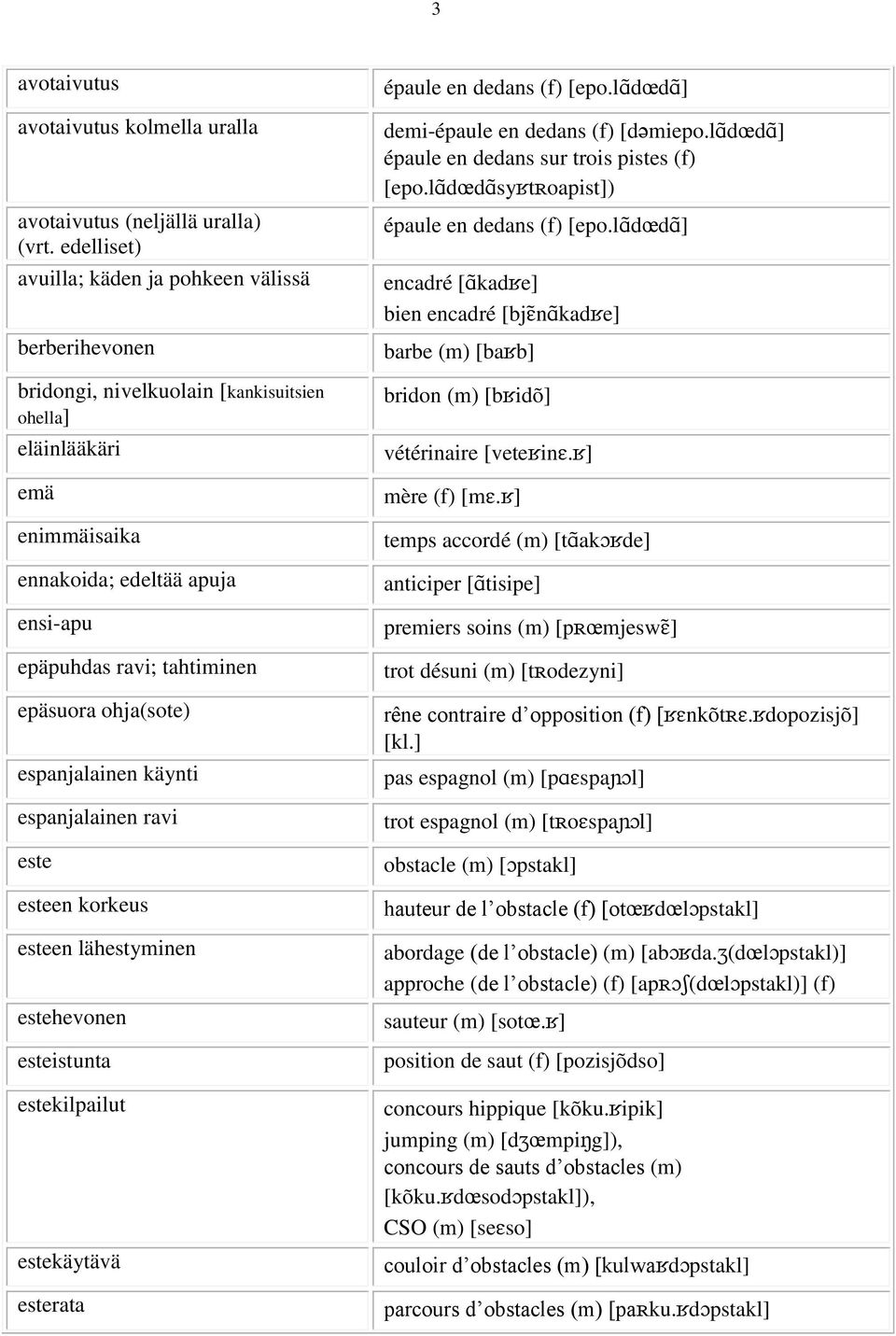 epäsuora ohja(sote) espanjalainen käynti espanjalainen ravi este esteen korkeus esteen lähestyminen estehevonen esteistunta estekilpailut estekäytävä esterata épaule en dedans (f) [epo.