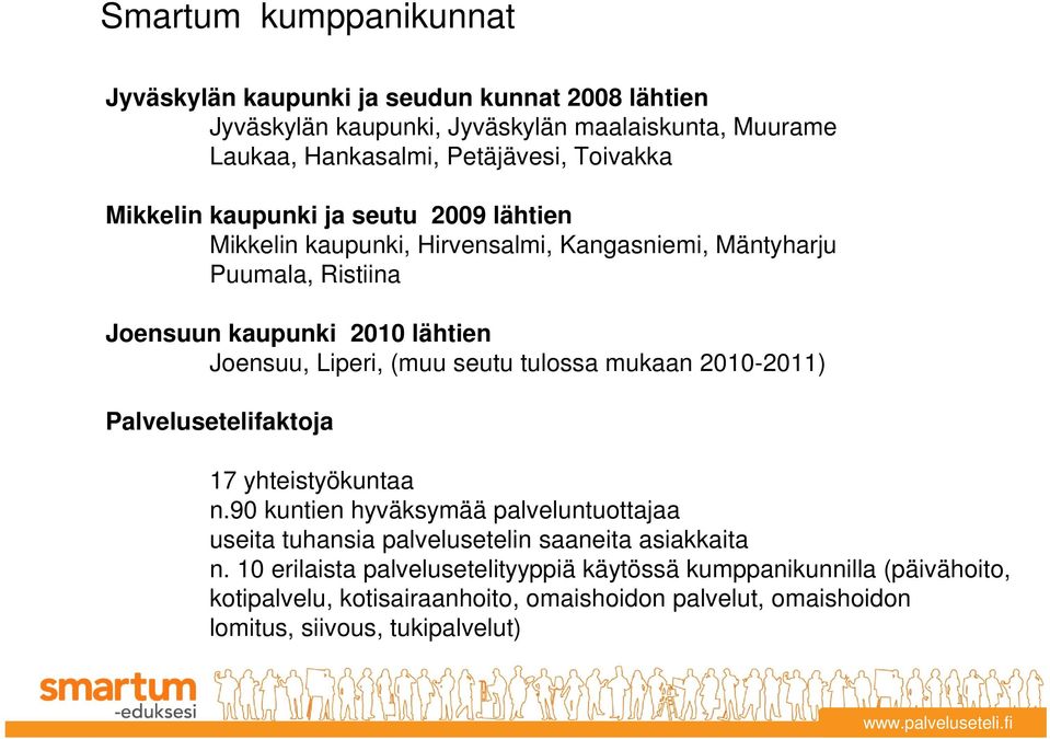 seutu tulossa mukaan 2010-2011) Palvelusetelifaktoja 17 yhteistyökuntaa n.90 kuntien hyväksymää palveluntuottajaa useita tuhansia palvelusetelin saaneita asiakkaita n.