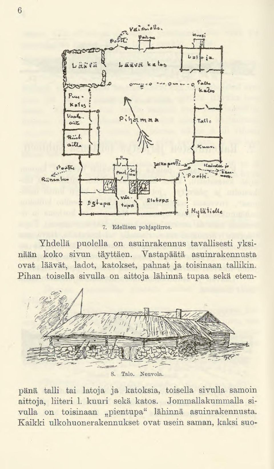 Pihan toisella sivulla on aittoja lähinnä tupaa sekä etem- S. Talo. Neuvola.