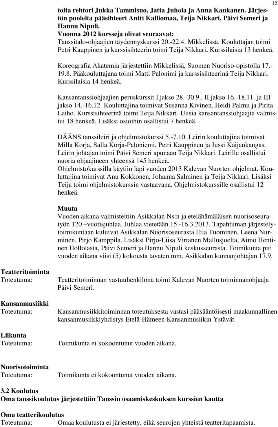 Koreografia Akatemia järjestettiin Mikkelissä, Suomen Nuoriso-opistolla 17.- 19.8. Pääkouluttajana toimi Matti Palonimi ja kurssisihteerinä Teija Nikkari. Kurssilaisia 14 henkeä.