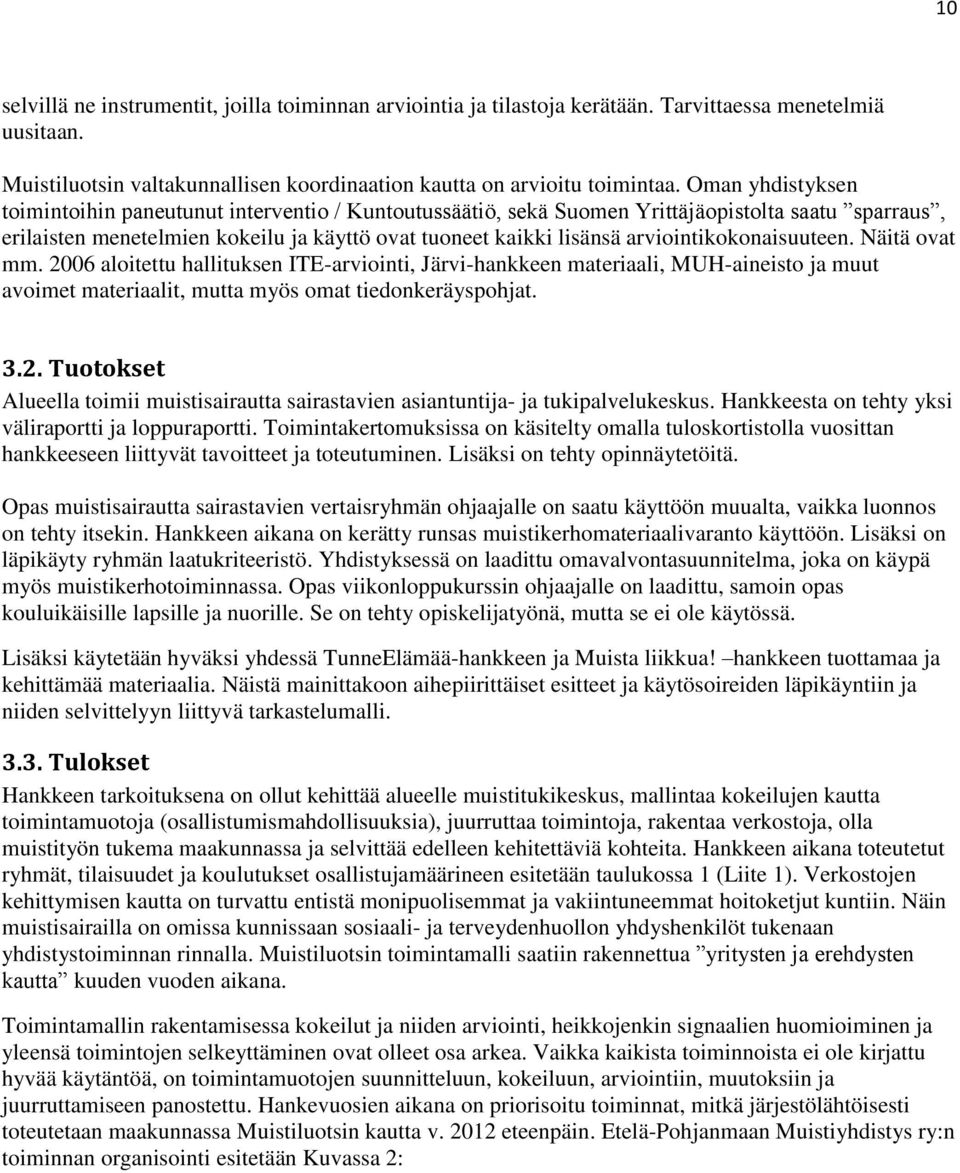 arviointikokonaisuuteen. Näitä ovat mm. 2006 aloitettu hallituksen ITE-arviointi, Järvi-hankkeen materiaali, MUH-aineisto ja muut avoimet materiaalit, mutta myös omat tiedonkeräyspohjat. 3.2. Tuotokset Alueella toimii muistisairautta sairastavien asiantuntija- ja tukipalvelukeskus.