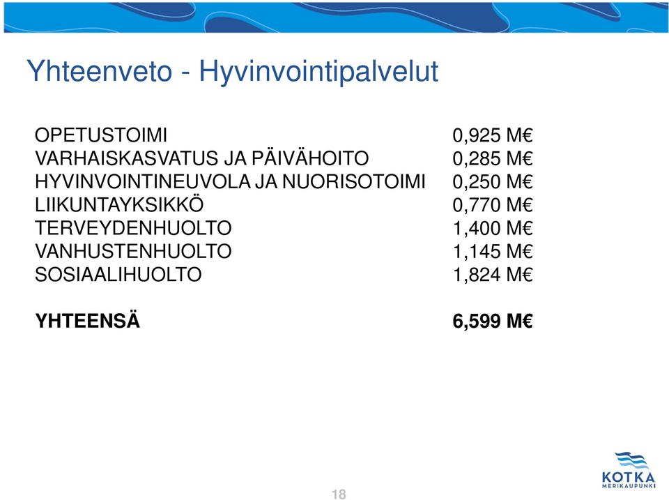 NUORISOTOIMI 0,250 M LIIKUNTAYKSIKKÖ 0,770 M TERVEYDENHUOLTO