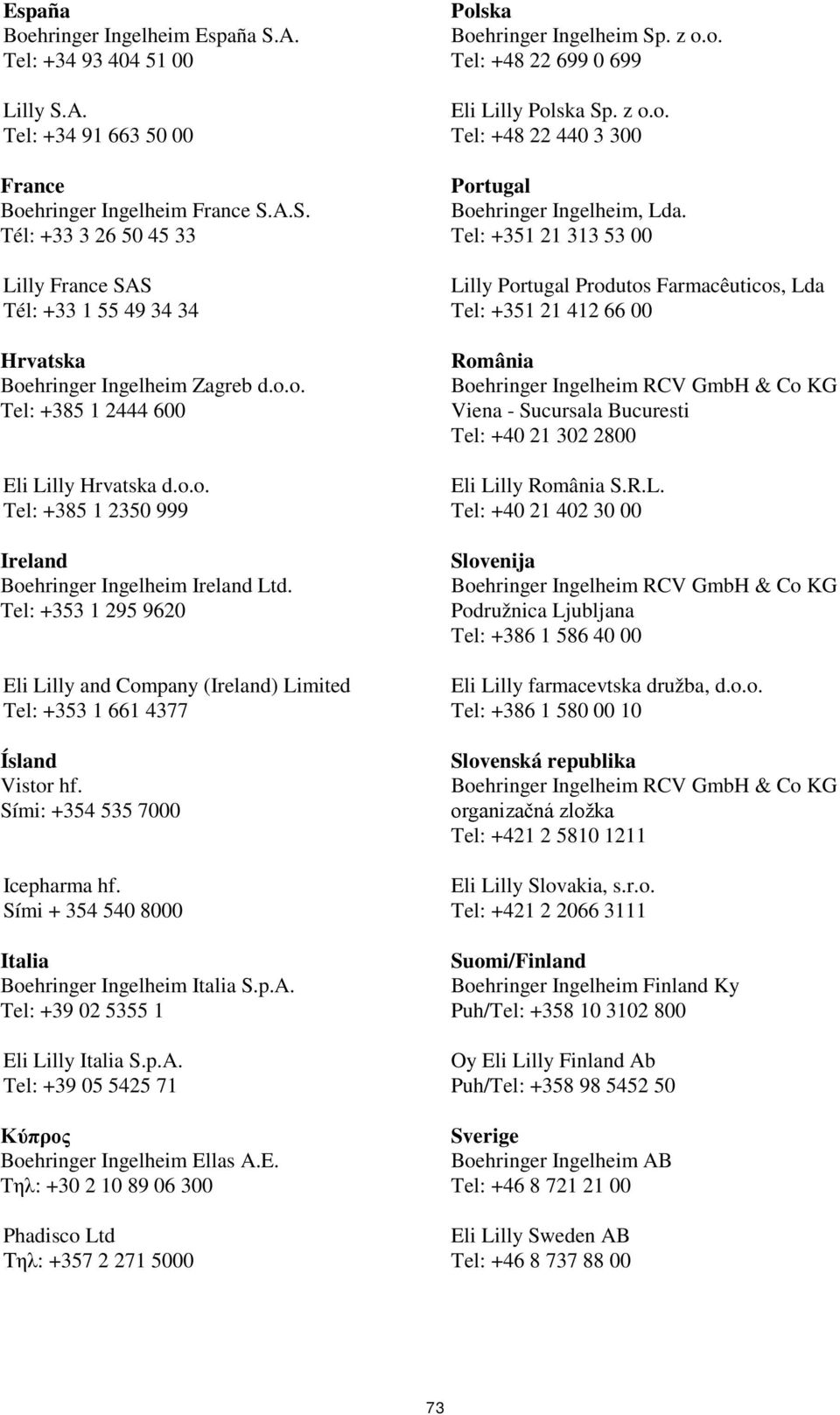 Tel: +353 1 295 9620 Eli Lilly and Company (Ireland) Limited Tel: +353 1 661 4377 Ísland Vistor hf. Sími: +354 535 7000 Icepharma hf. Sími + 354 540 8000 Italia Boehringer Ingelheim Italia S.p.A.