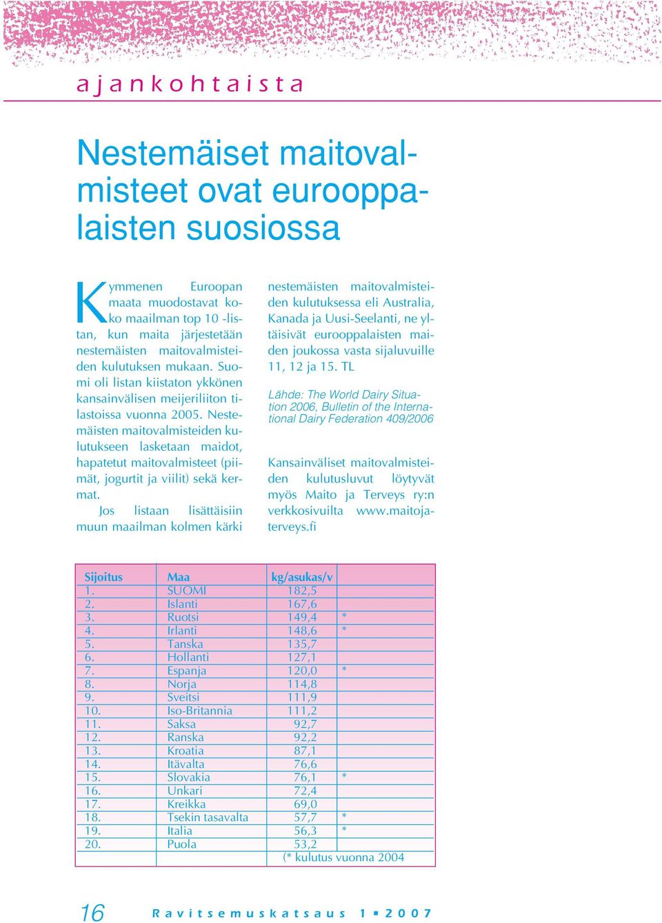 Nestemäisten maitovalmisteiden kulutukseen lasketaan maidot, hapatetut maitovalmisteet (piimät, jogurtit ja viilit) sekä kermat.