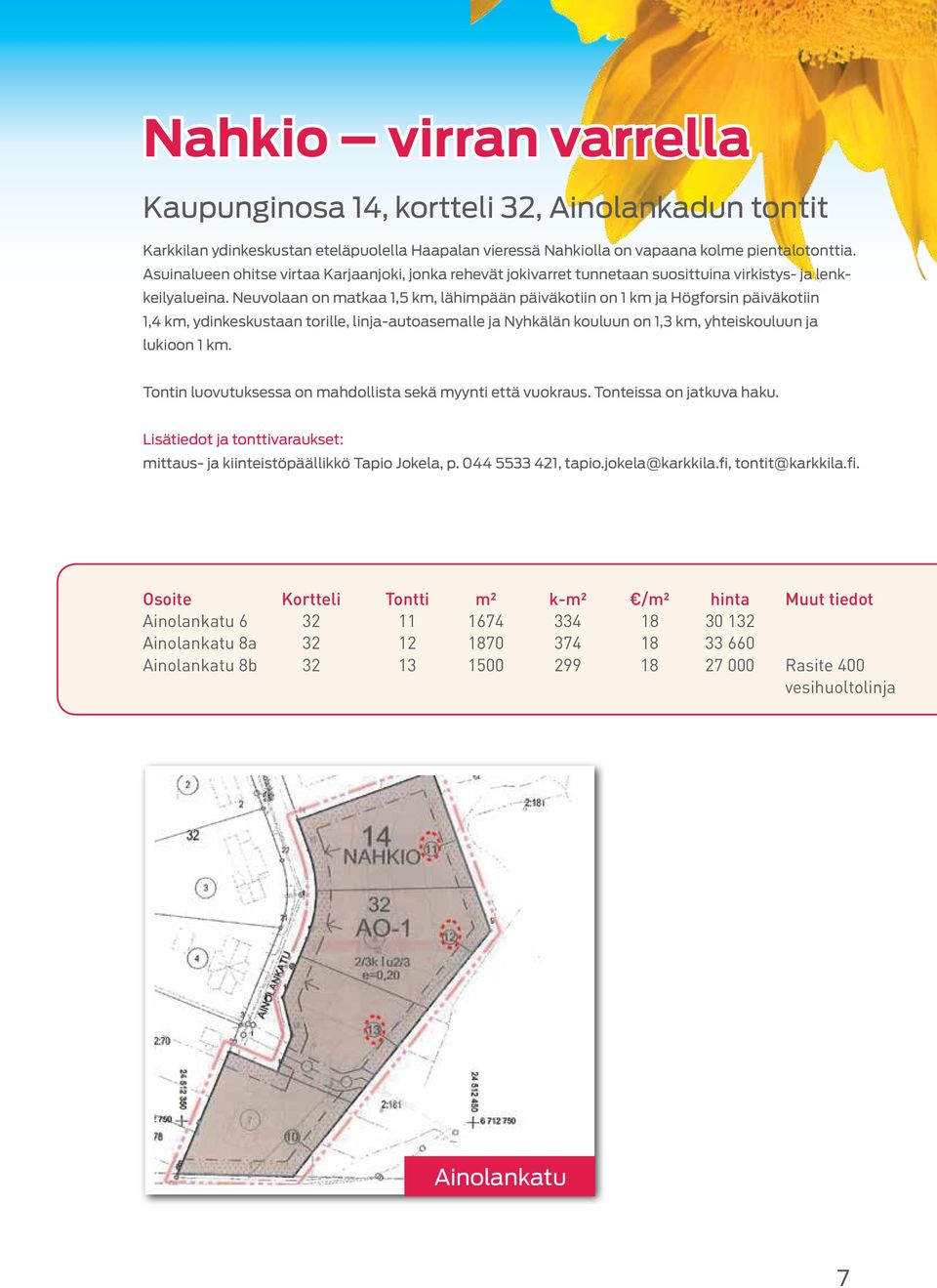 Neuvolaan on matkaa 1,5 km, lähimpään päiväkotiin on 1 km ja Högforsin päiväkotiin 1,4 km, ydinkeskustaan torille, linja-autoasemalle ja Nyhkälän kouluun on 1,3 km, yhteiskouluun ja lukioon 1 km.