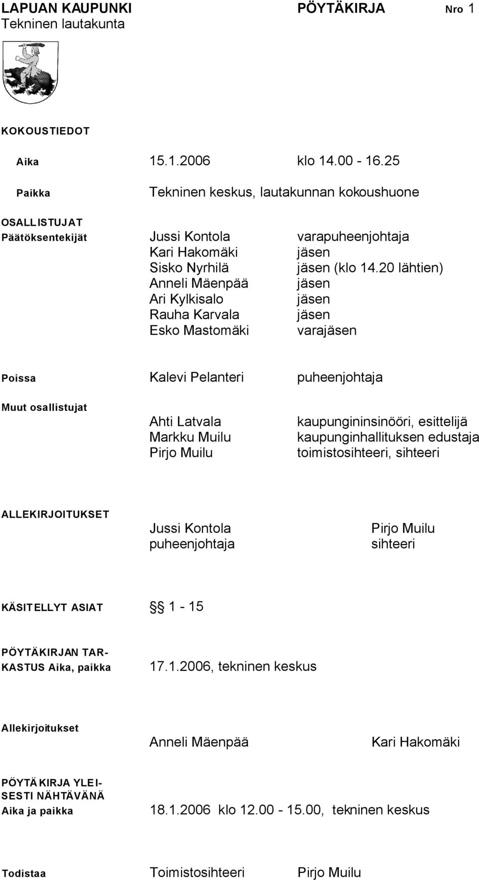 20 lähtien) Anneli Mäenpää jäsen Ari Kylkisalo jäsen Rauha Karvala jäsen Esko Mastomäki varajäsen Poissa Kalevi Pelanteri puheenjohtaja Muut osallistujat Ahti Latvala Markku Muilu Pirjo Muilu