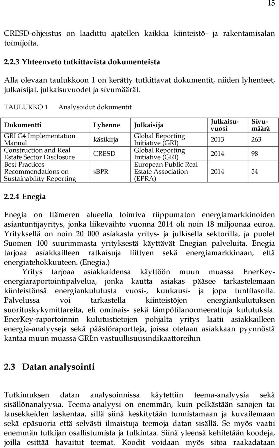 TAULUKKO 1 Analysoidut dokumentit Dokumentti Lyhenne Julkaisija GRI G4 Implementation Manual Construction and Real Estate Sector Disclosure Best Practices Recommendations on Sustainability Reporting