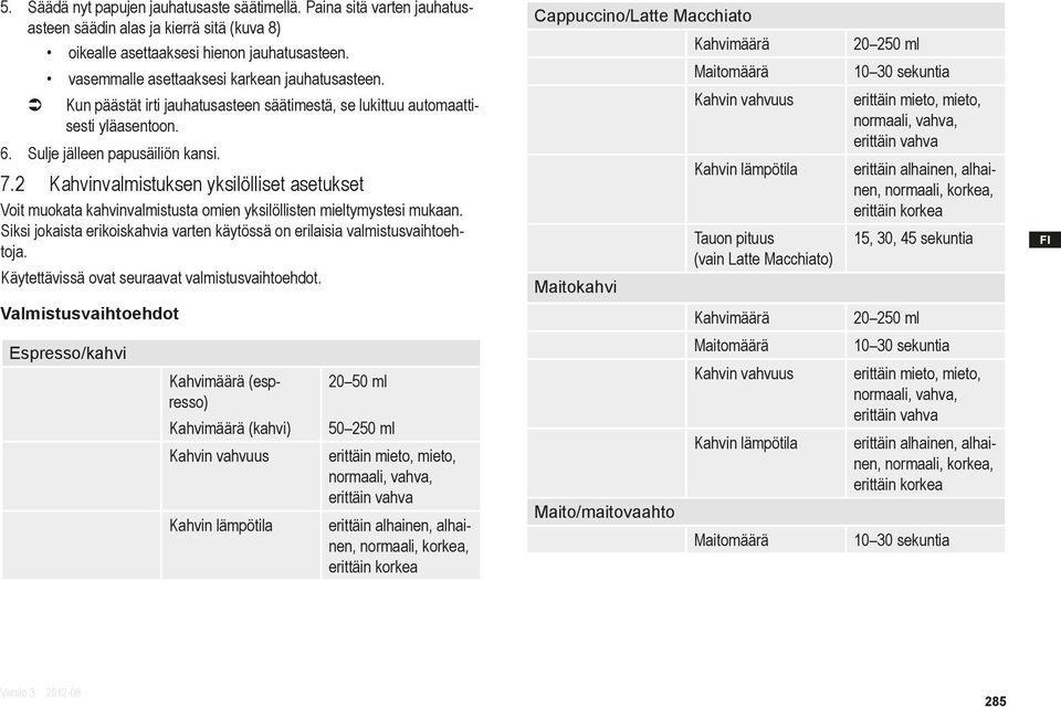 2 Kahvinvalmistuksen yksilölliset asetukset Voit muokata kahvinvalmistusta omien yksilöllisten mieltymystesi mukaan. Siksi jokaista erikoiskahvia varten käytössä on erilaisia valmistusvaihtoehtoja.