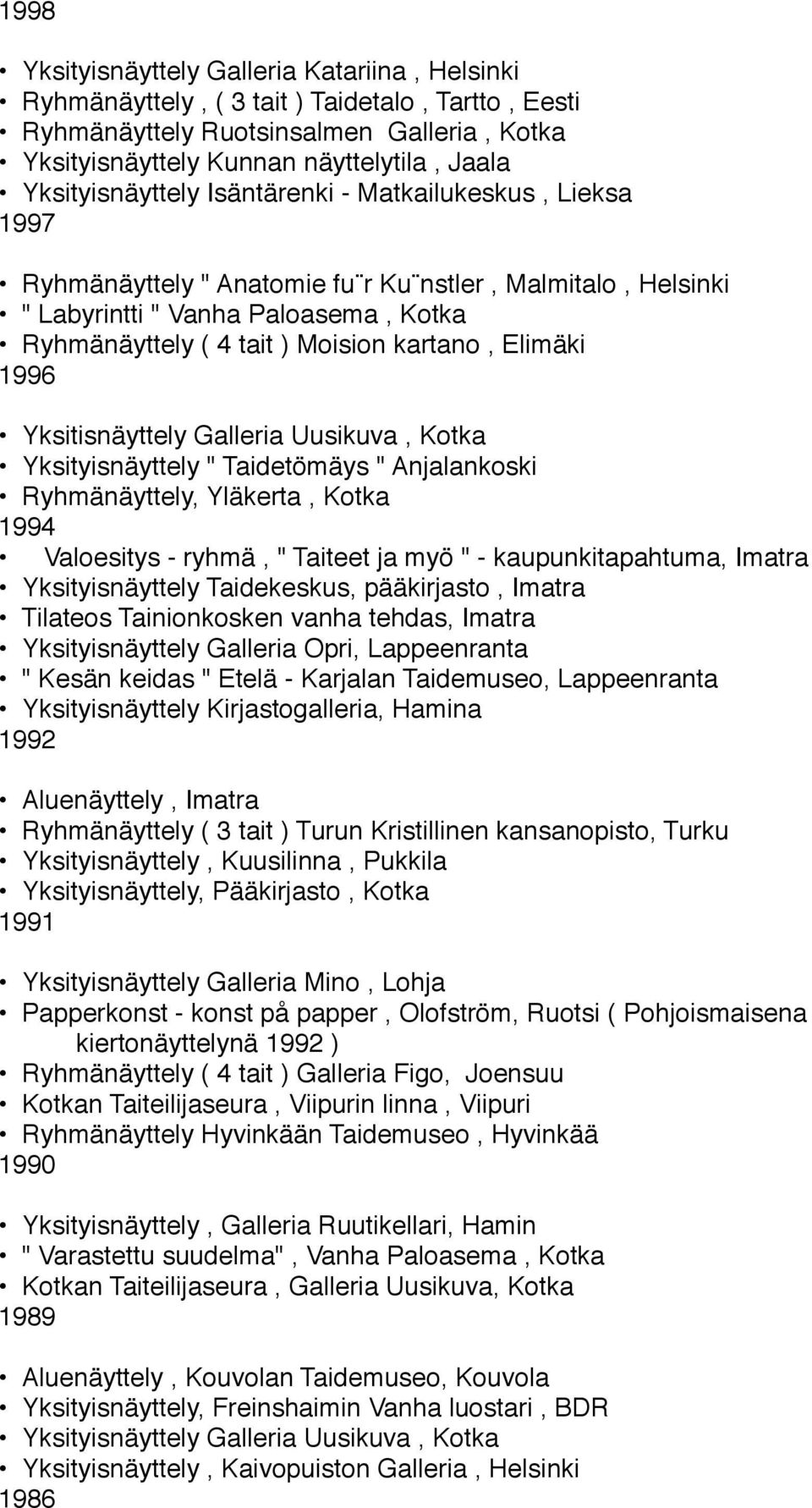 Elimäki 1996 Yksitisnäyttely Galleria Uusikuva, Kotka Yksityisnäyttely " Taidetömäys " Anjalankoski Ryhmänäyttely, Yläkerta, Kotka 1994 Valoesitys - ryhmä, " Taiteet ja myö " - kaupunkitapahtuma,