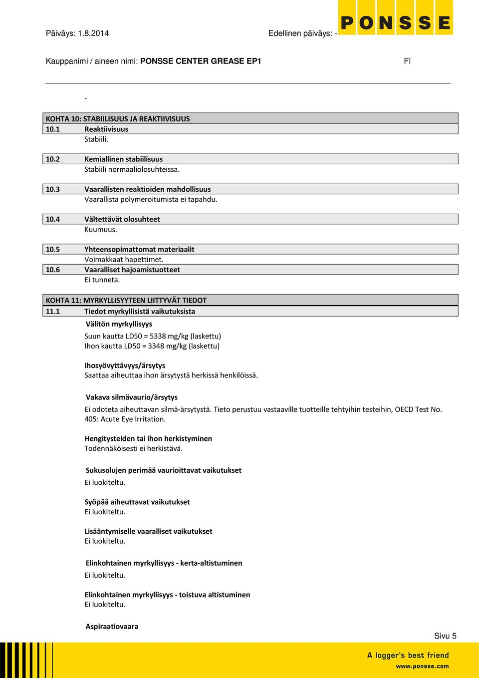 1 Tiedot myrkyllisistä vaikutuksista Välitön myrkyllisyys Suun kautta LD50 = 5338 mg/kg (laskettu) Ihon kautta LD50 = 3348 mg/kg (laskettu) Ihosyövyttävyys/ärsytys Saattaa aiheuttaa ihon ärsytystä