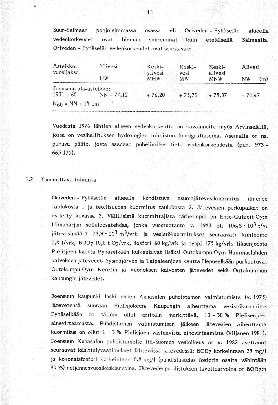 77,2 + 76,2 + 75,79 + 75,37 74,47 (m) Vuodesta 976 lähtien alueen vedenkorkeutta on havainnoitu myös Ärvinselällä, jossa on vesihallituksen hydrologian toimiston llmnigrafiasema. Asemalla on ns.