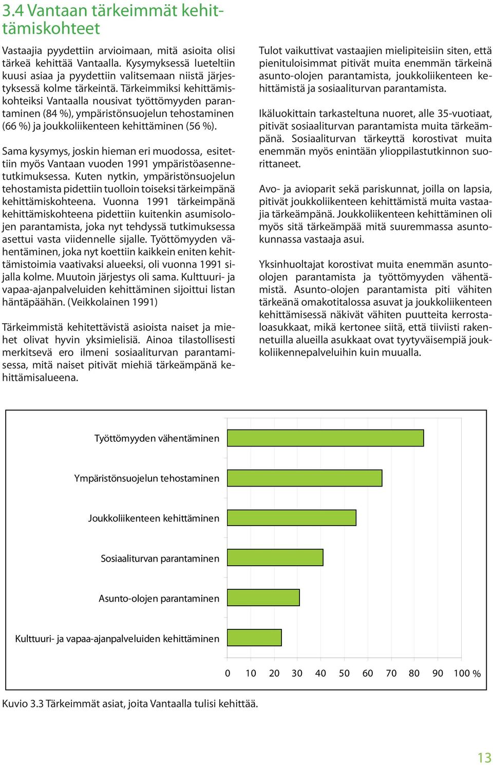 Tärkeimmiksi kehittämiskohteiksi Vantaalla nousivat työttömyyden parantaminen (84 ), ympäristönsuojelun tehostaminen (66 ) ja joukkoliikenteen kehittäminen (56 ).