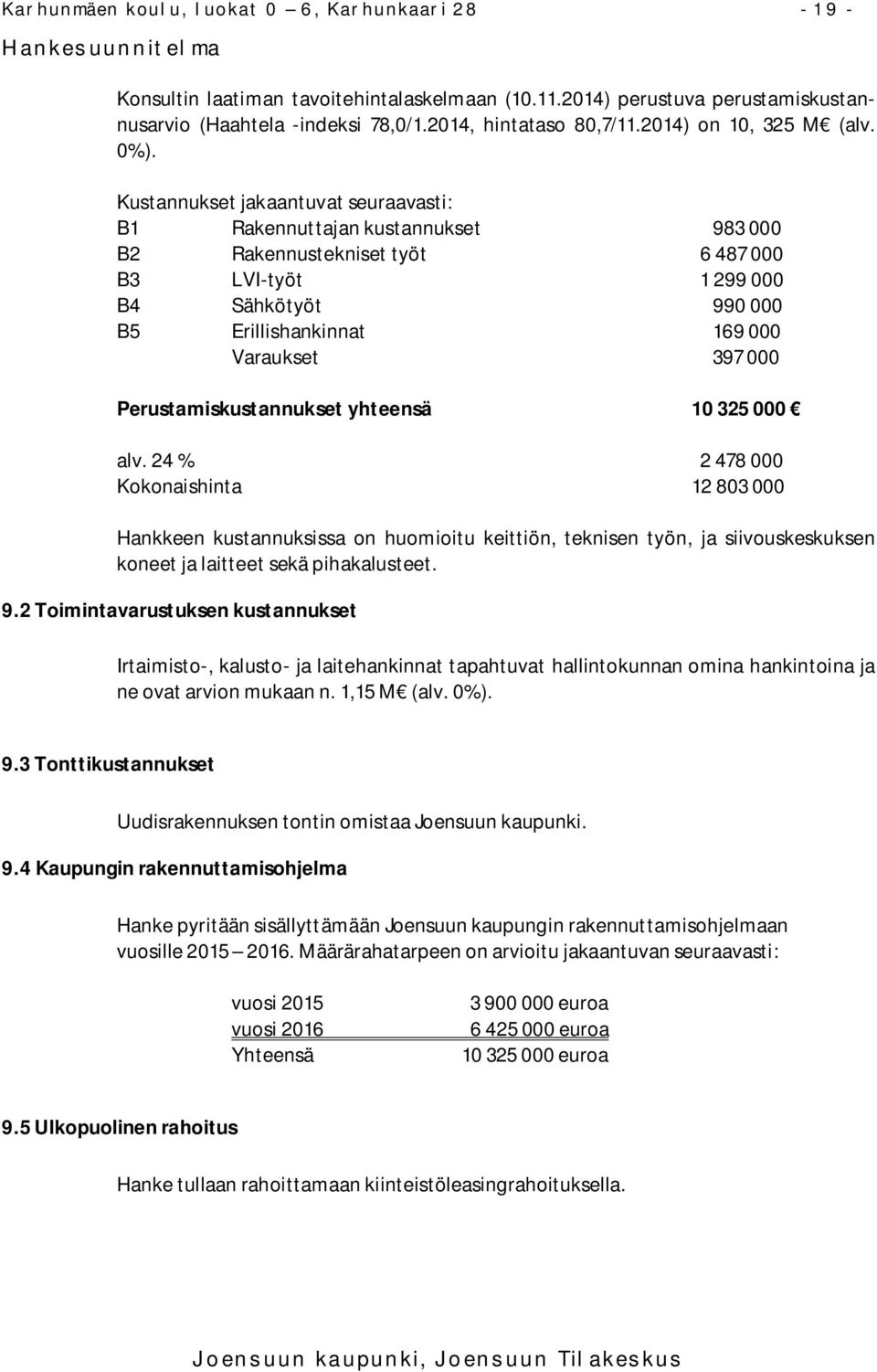 Kustannukset jakaantuvat seuraavasti: B1 Rakennuttajan kustannukset 983 000 B2 Rakennustekniset työt 6 487 000 B3 LVI-työt 1 299 000 B4 Sähkötyöt 990 000 B5 Erillishankinnat 169 000 Varaukset 397 000