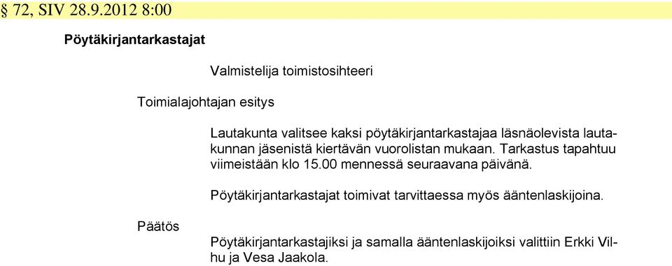 pöytäkirjantarkastajaa läsnäolevista lautakunnan jäsenistä kiertävän vuorolistan mukaan.