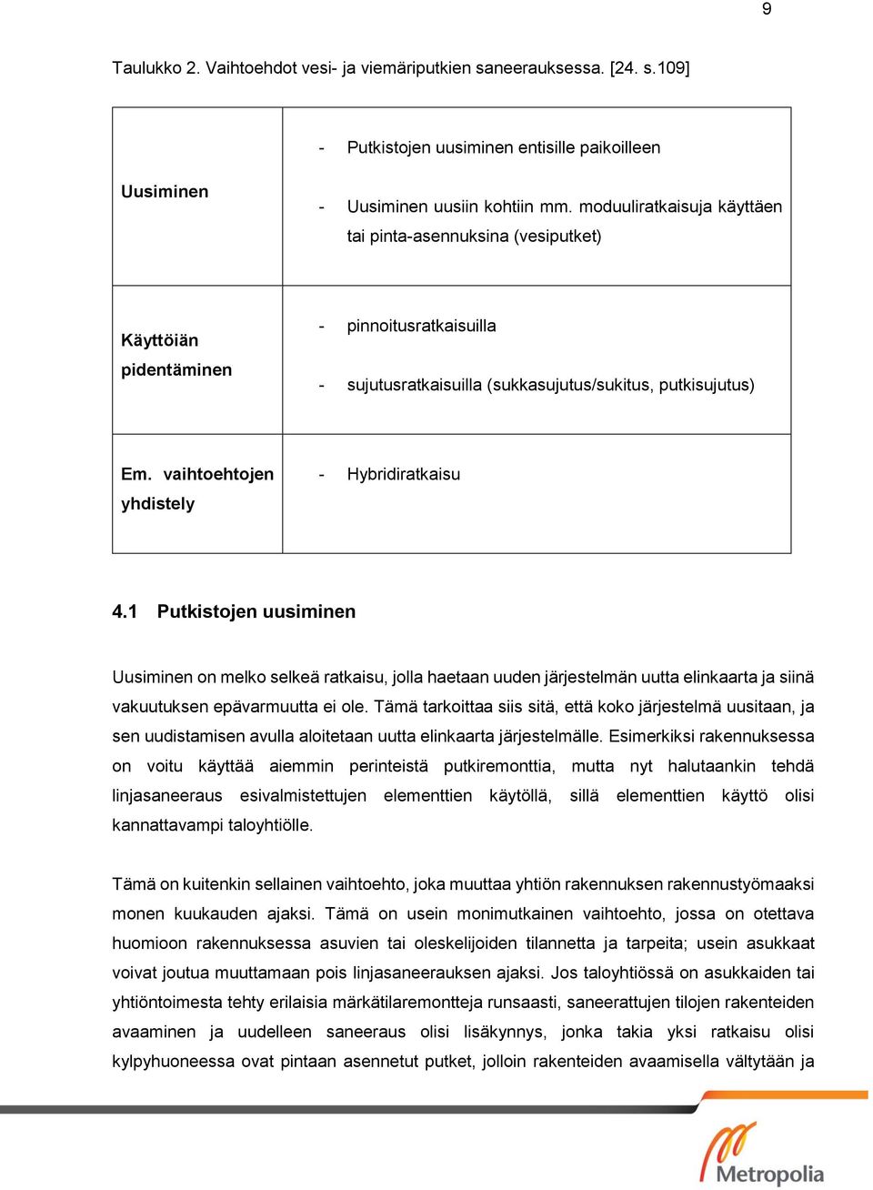 vaihtoehtojen yhdistely - Hybridiratkaisu 4.1 Putkistojen uusiminen Uusiminen on melko selkeä ratkaisu, jolla haetaan uuden järjestelmän uutta elinkaarta ja siinä vakuutuksen epävarmuutta ei ole.