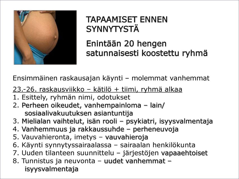 Perheen oikeudet, vanhempainloma lain/ sosiaalivakuutuksen asiantuntija 3. Mielialan vaihtelut, isän rooli psykiatri, isyysvalmentaja 4.