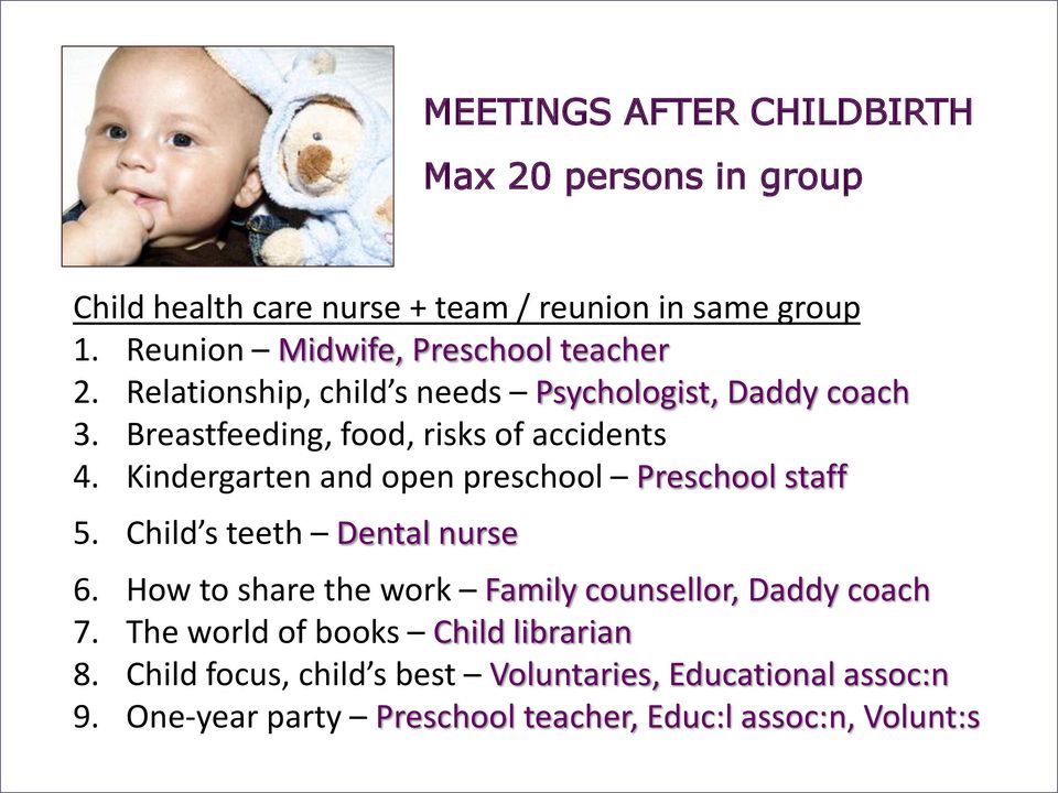 Breastfeeding, food, risks of accidents 4. Kindergarten and open preschool Preschool staff 5. Child s teeth Dental nurse 6.