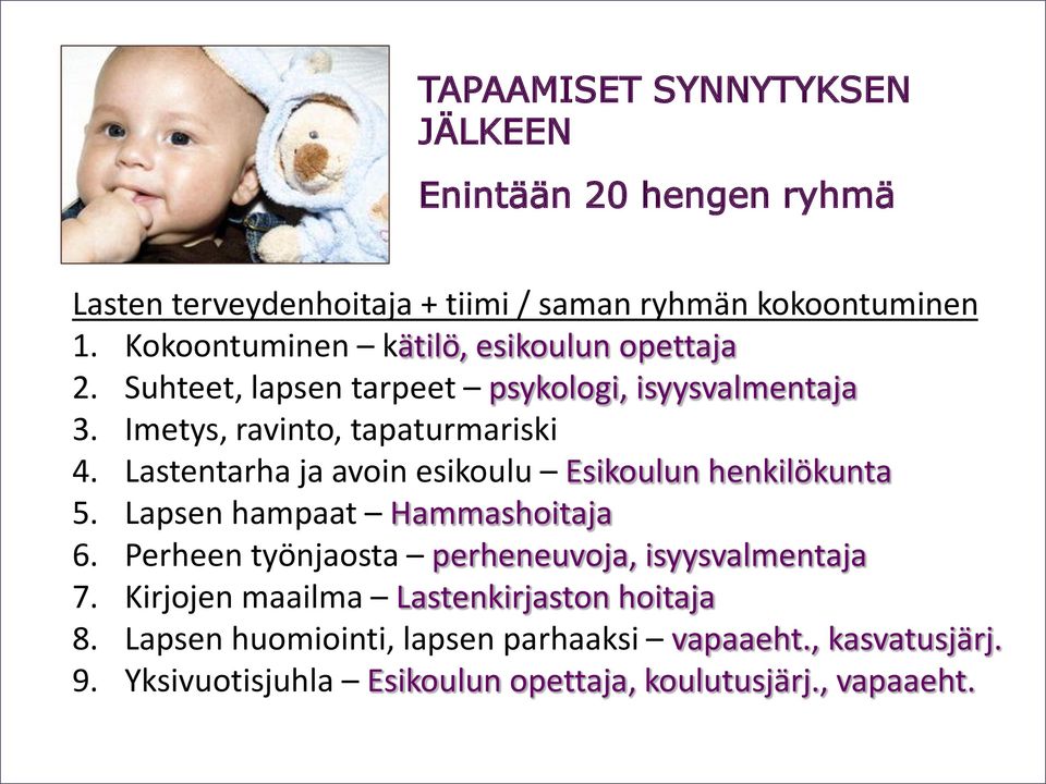 Lastentarha ja avoin esikoulu Esikoulun henkilökunta 5. Lapsen hampaat Hammashoitaja 6. Perheen työnjaosta perheneuvoja, isyysvalmentaja 7.