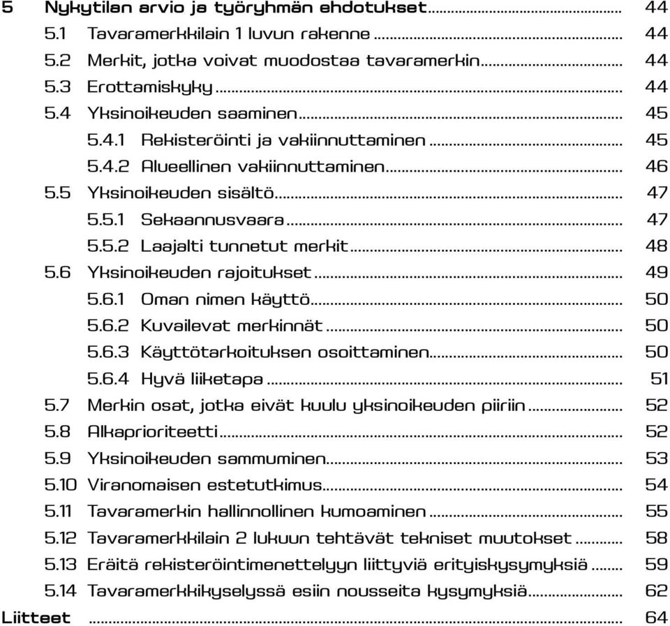 6 Yksinoikeuden rajoitukset... 49 5.6.1 Oman nimen käyttö... 50 5.6.2 Kuvailevat merkinnät... 50 5.6.3 Käyttötarkoituksen osoittaminen... 50 5.6.4 Hyvä liiketapa... 51 5.