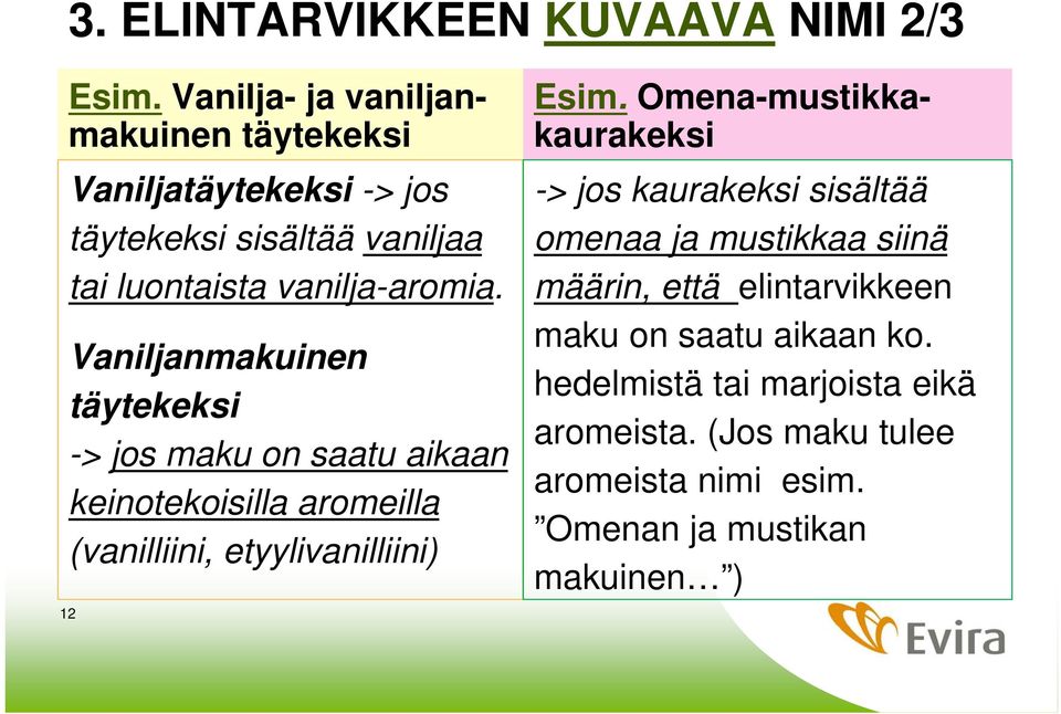 Vaniljanmakuinen täytekeksi -> jos maku on saatu aikaan keinotekoisilla aromeilla (vanilliini, etyylivanilliini) 12 Esim.