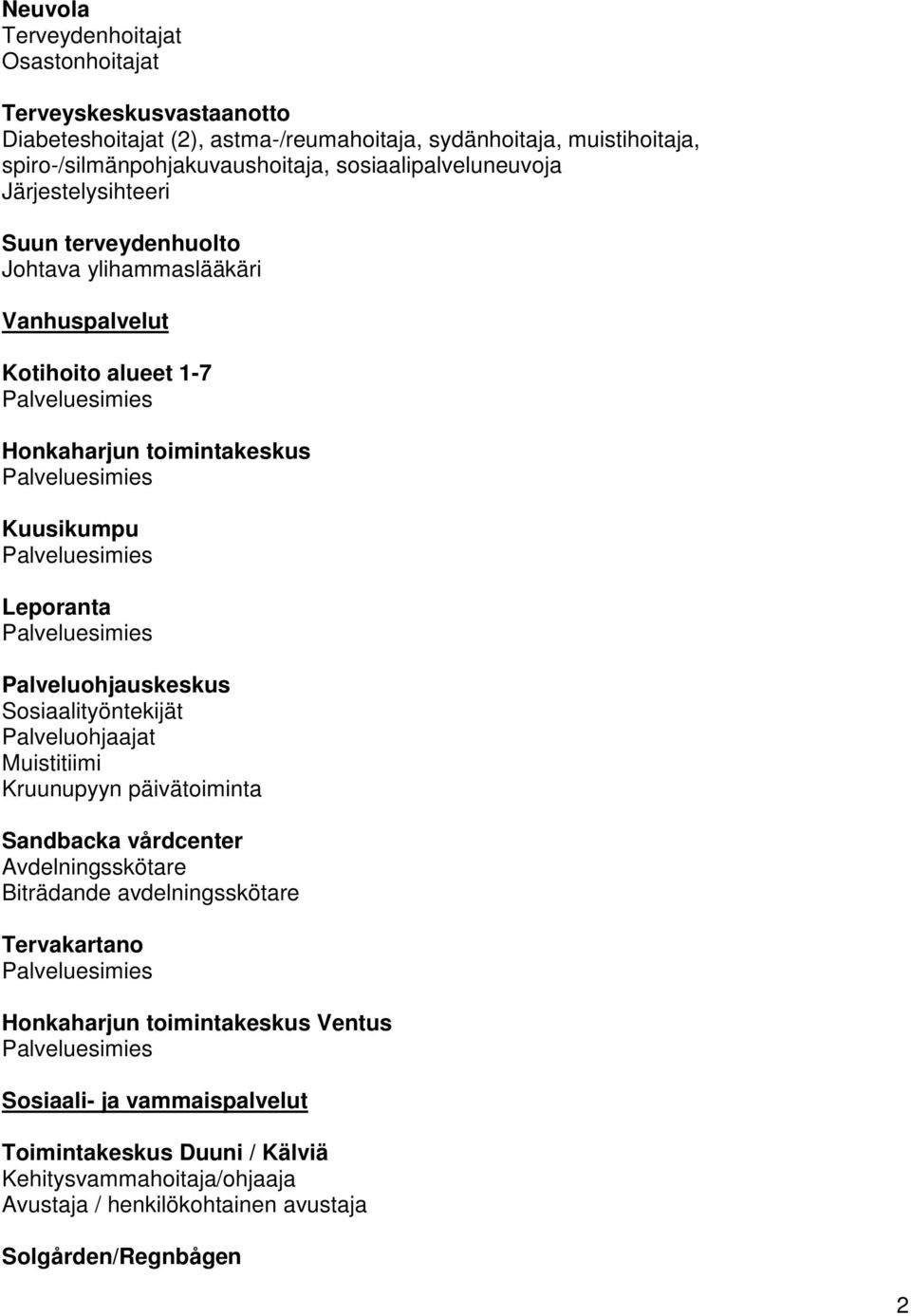 Palveluohjauskeskus Sosiaalityöntekijät Palveluohjaajat Muistitiimi Kruunupyyn päivätoiminta Sandbacka vårdcenter Avdelningsskötare Biträdande avdelningsskötare Tervakartano