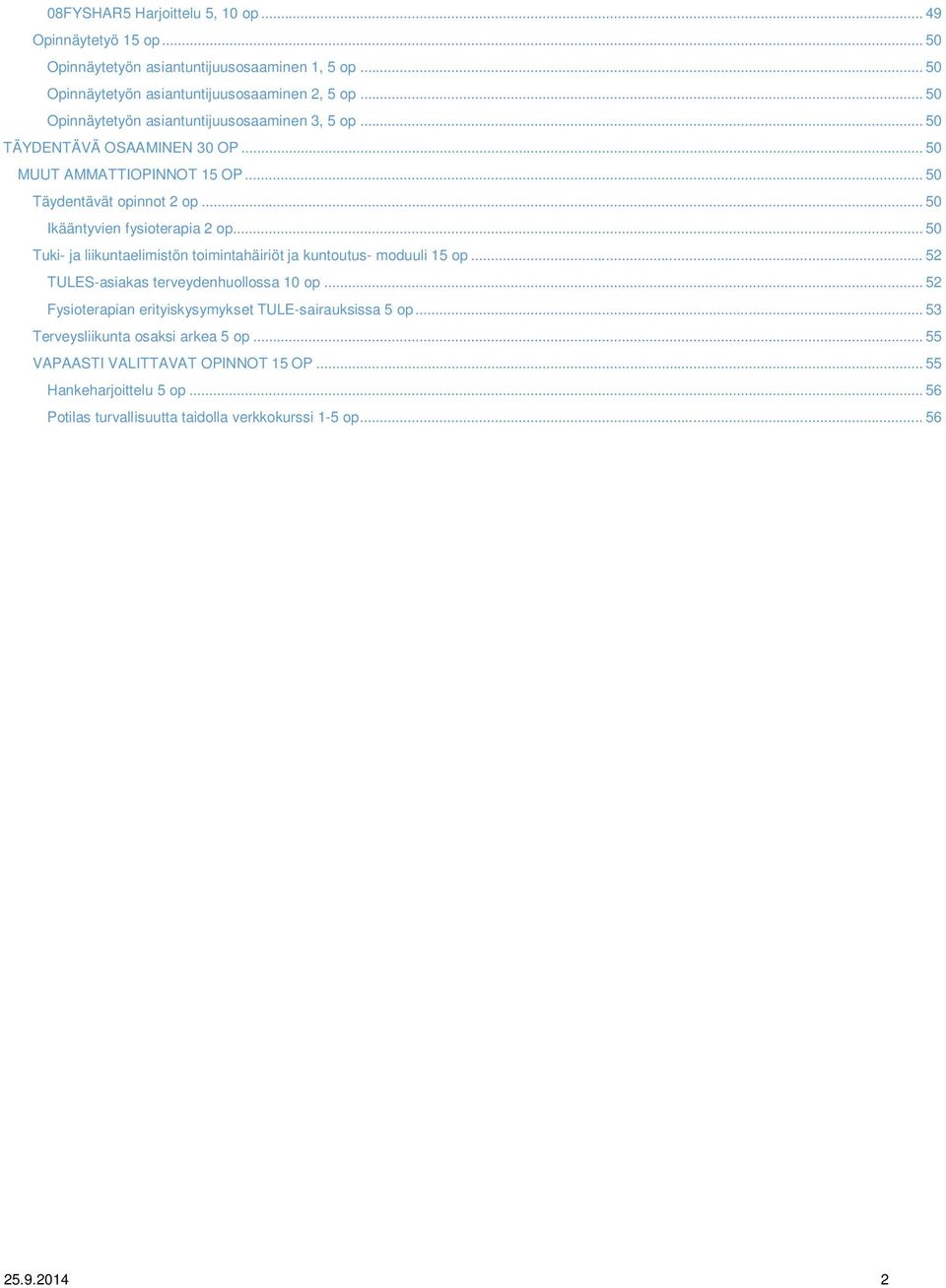 .. 50 Ikääntyvien fysioterapia 2 op... 50 Tuki- ja liikuntaelimistön toimintahäiriöt ja kuntoutus- moduuli 15 op... 52 TULES-asiakas terveydenhuollossa 10 op.