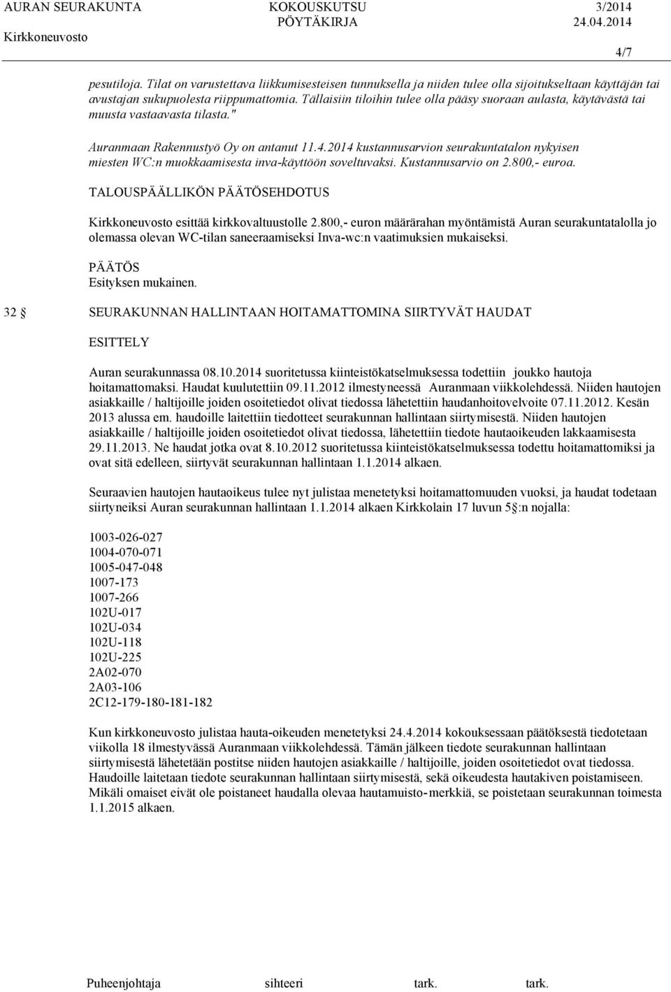 2014 kustannusarvion seurakuntatalon nykyisen miesten WC:n muokkaamisesta inva-käyttöön soveltuvaksi. Kustannusarvio on 2.800,- euroa. TALOUSPÄÄLLIKÖN EHDOTUS esittää kirkkovaltuustolle 2.