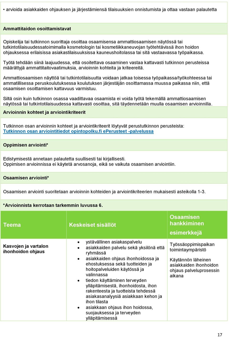 työpaikassa. Työtä tehdään siinä laajuudessa, että osoitettava osaaminen vastaa kattavasti tutkinnon perusteissa määrättyjä ammattitaitovaatimuksia, arvioinnin kohteita ja kriteereitä.