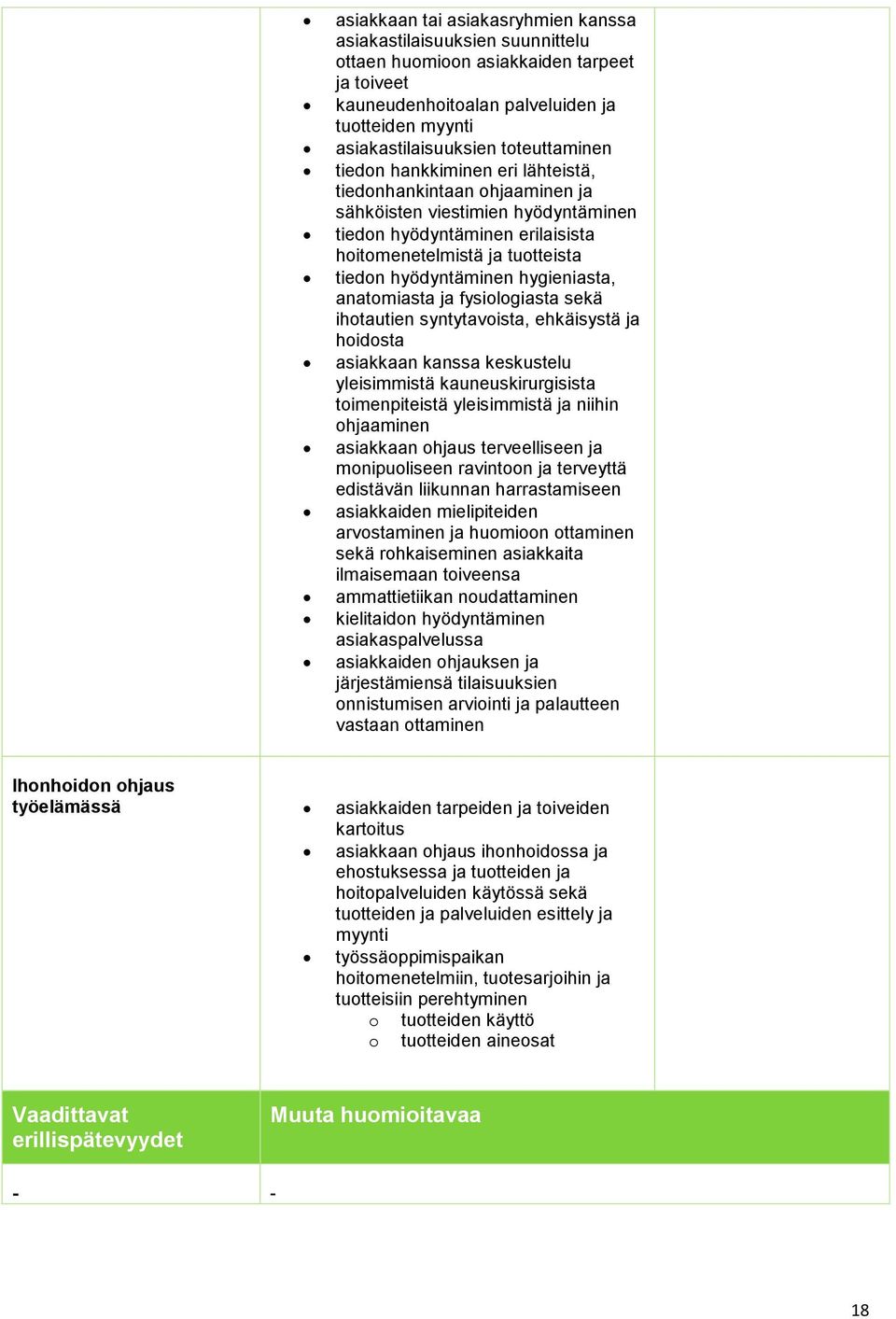 hyödyntäminen hygieniasta, anatomiasta ja fysiologiasta sekä ihotautien syntytavoista, ehkäisystä ja hoidosta asiakkaan kanssa keskustelu yleisimmistä kauneuskirurgisista toimenpiteistä yleisimmistä