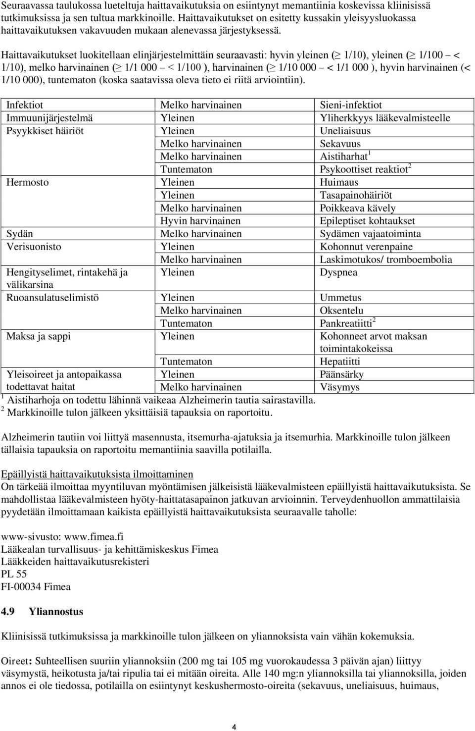 Haittavaikutukset luokitellaan elinjärjestelmittäin seuraavasti: hyvin yleinen ( 1/10), yleinen ( 1/100 < 1/10), melko harvinainen ( 1/1 000 < 1/100 ), harvinainen ( 1/10 000 < 1/1 000 ), hyvin