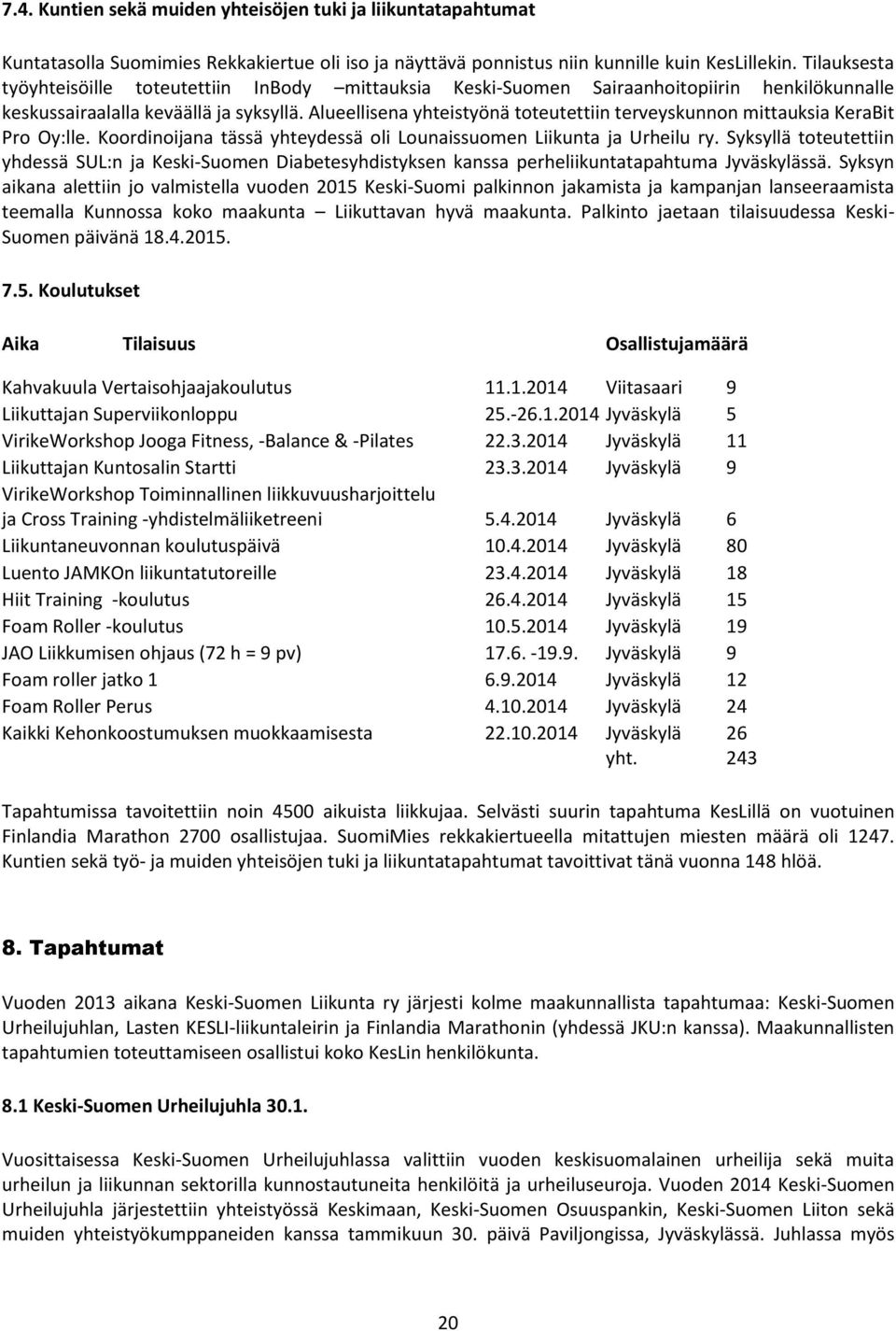 Alueellisena yhteistyönä toteutettiin terveyskunnon mittauksia KeraBit Pro Oy:lle. Koordinoijana tässä yhteydessä oli Lounaissuomen Liikunta ja Urheilu ry.