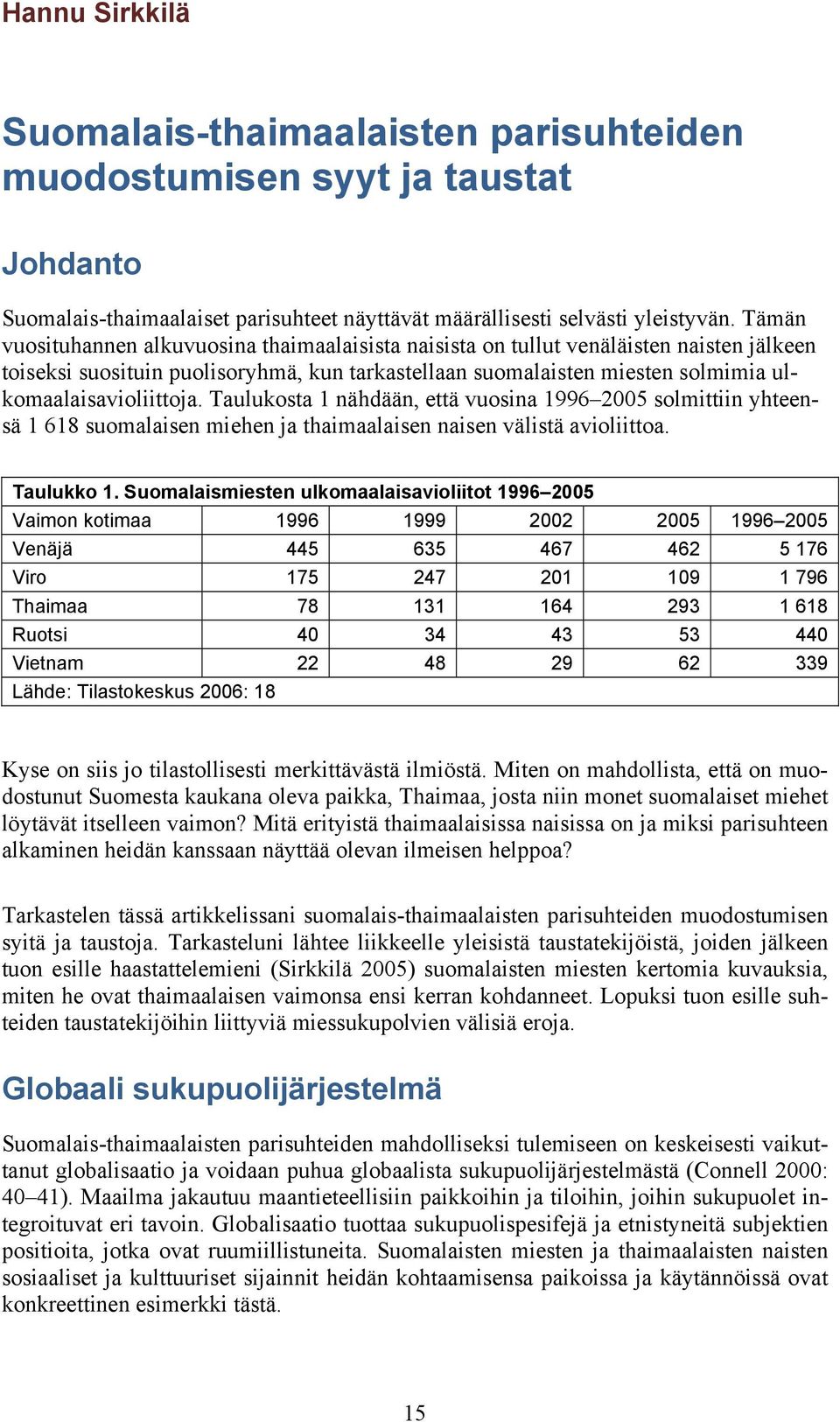 Taulukosta 1 nähdään, että vuosina 1996 2005 solmittiin yhteensä 1 618 suomalaisen miehen ja thaimaalaisen naisen välistä avioliittoa. Taulukko 1.