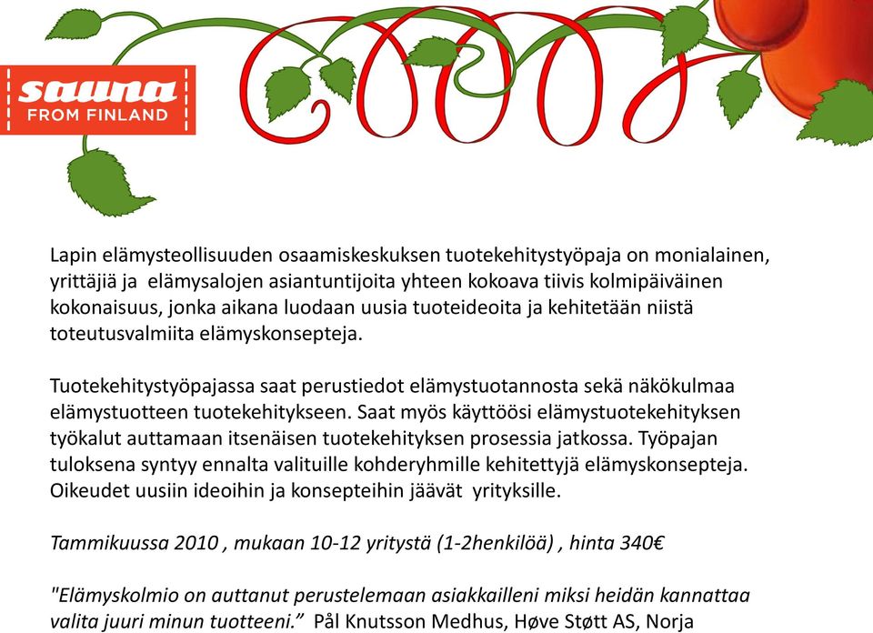 Saat myös käyttöösi elämystuotekehityksen työkalut auttamaan itsenäisen tuotekehityksen prosessia jatkossa. Työpajan tuloksena syntyy ennalta valituille kohderyhmille kehitettyjä elämyskonsepteja.