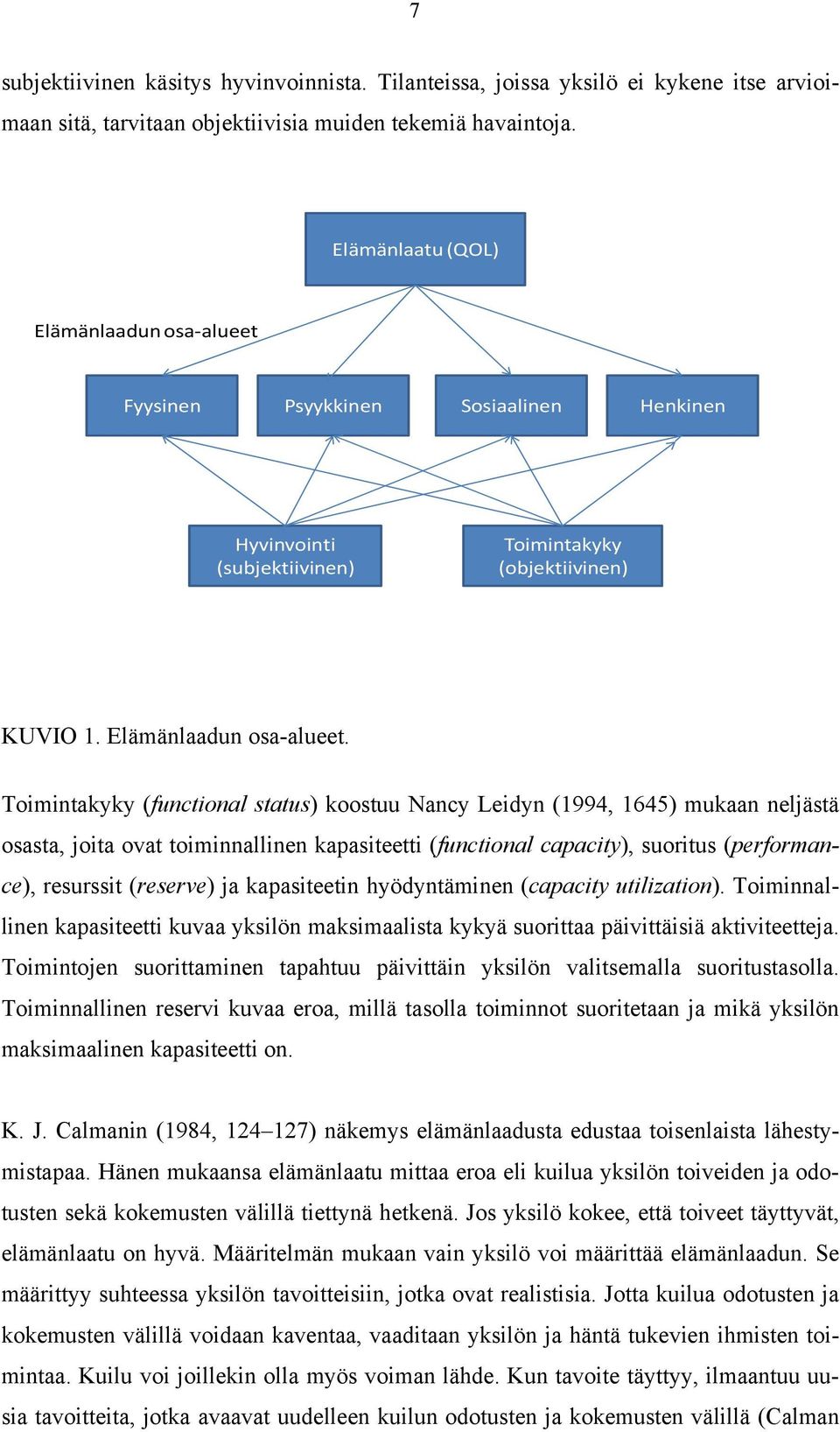 Toimintakyky (functional status) koostuu Nancy Leidyn (1994, 1645) mukaan neljästä osasta, joita ovat toiminnallinen kapasiteetti (functional capacity), suoritus (performance), resurssit (reserve) ja