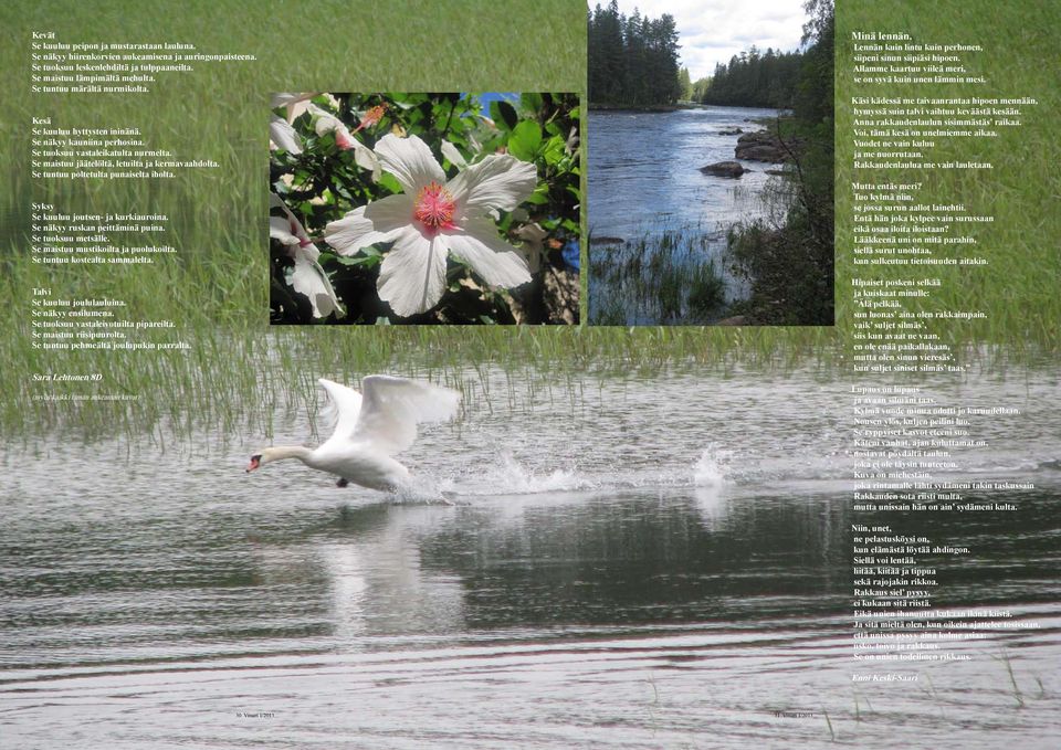 Se tuntuu poltetulta punaiselta iholta. Syksy Se kuuluu joutsen- ja kurkiauroina. Se näkyy ruskan peittäminä puina. Se tuoksuu metsälle. Se maistuu mustikoilta ja puolukoilta.