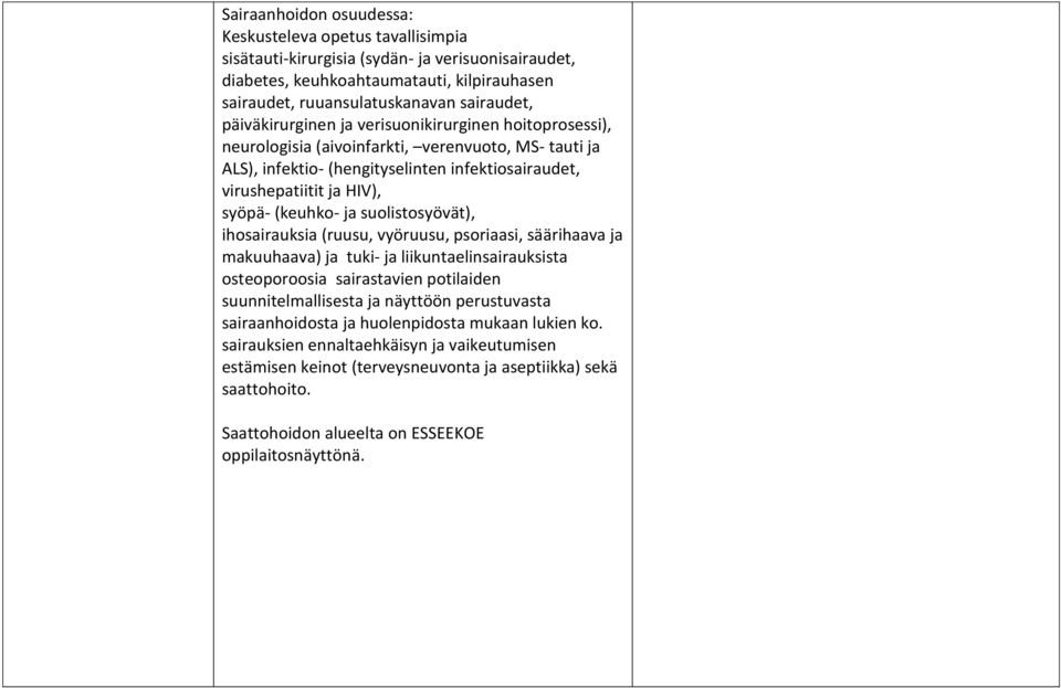 (keuhko- ja suolistosyövät), ihosairauksia (ruusu, vyöruusu, psoriaasi, säärihaava ja makuuhaava) ja tuki- ja liikuntaelinsairauksista osteoporoosia sairastavien potilaiden suunnitelmallisesta ja