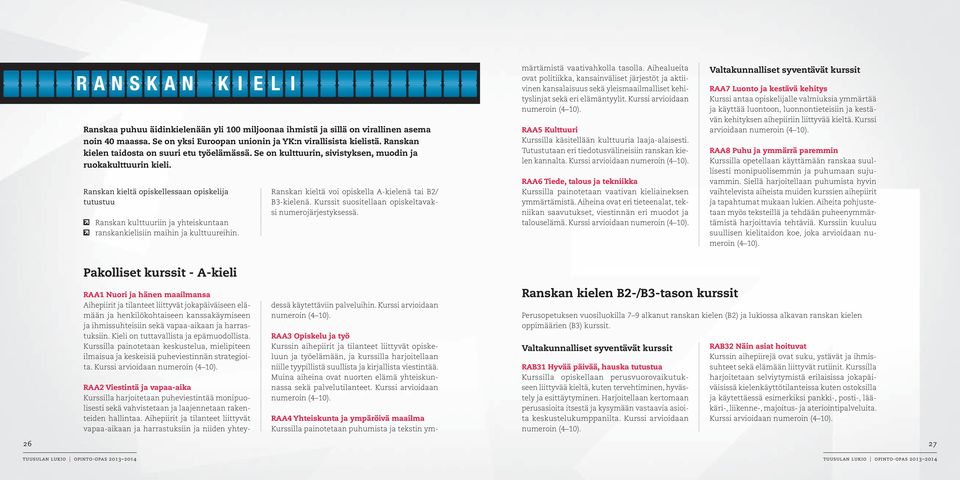 Ranskan kieltä opiskellessaan opiskelija tutustuu Ranskan kulttuuriin ja yhteiskuntaan ranskankielisiin maihin ja kulttuureihin. Ranskan kieltä voi opiskella A-kielenä tai B2/ B3-kielenä.