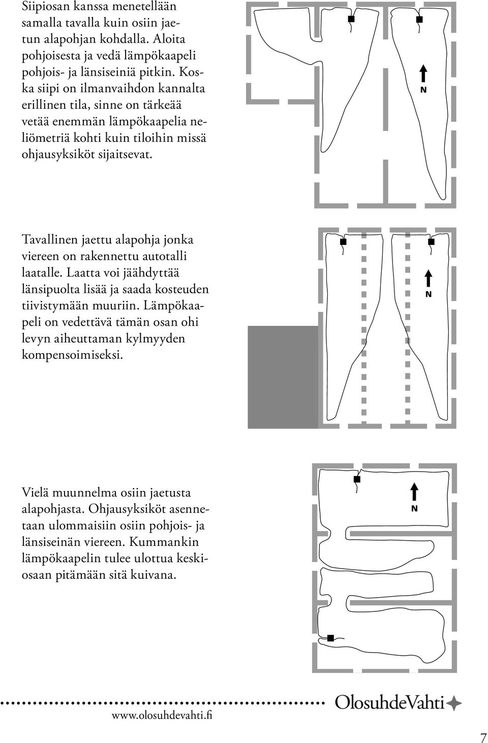 Tavallinen jaettu alapohja jonka viereen on rakennettu autotalli laatalle. Laatta voi jäähdyttää länsipuolta lisää ja saada kosteuden tiivistymään muuriin.