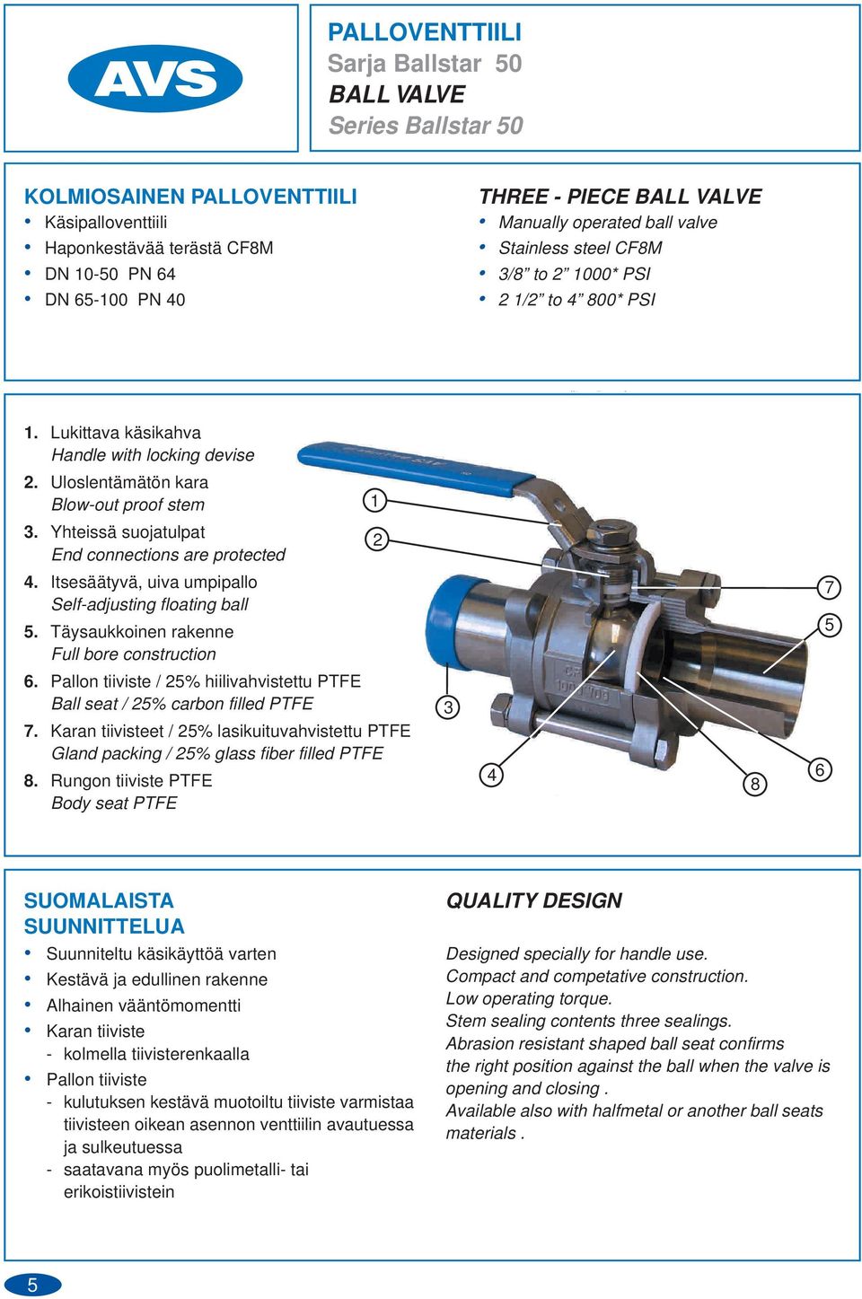 Itsesäätyvä, uiva umpipallo Self-adjusting floating ball 5. Täysaukkoinen rakenne Full bore construction 6. Pallon tiiviste / 25% hiilivahvistettu PTFE Ball seat / 25% carbon filled PTFE.