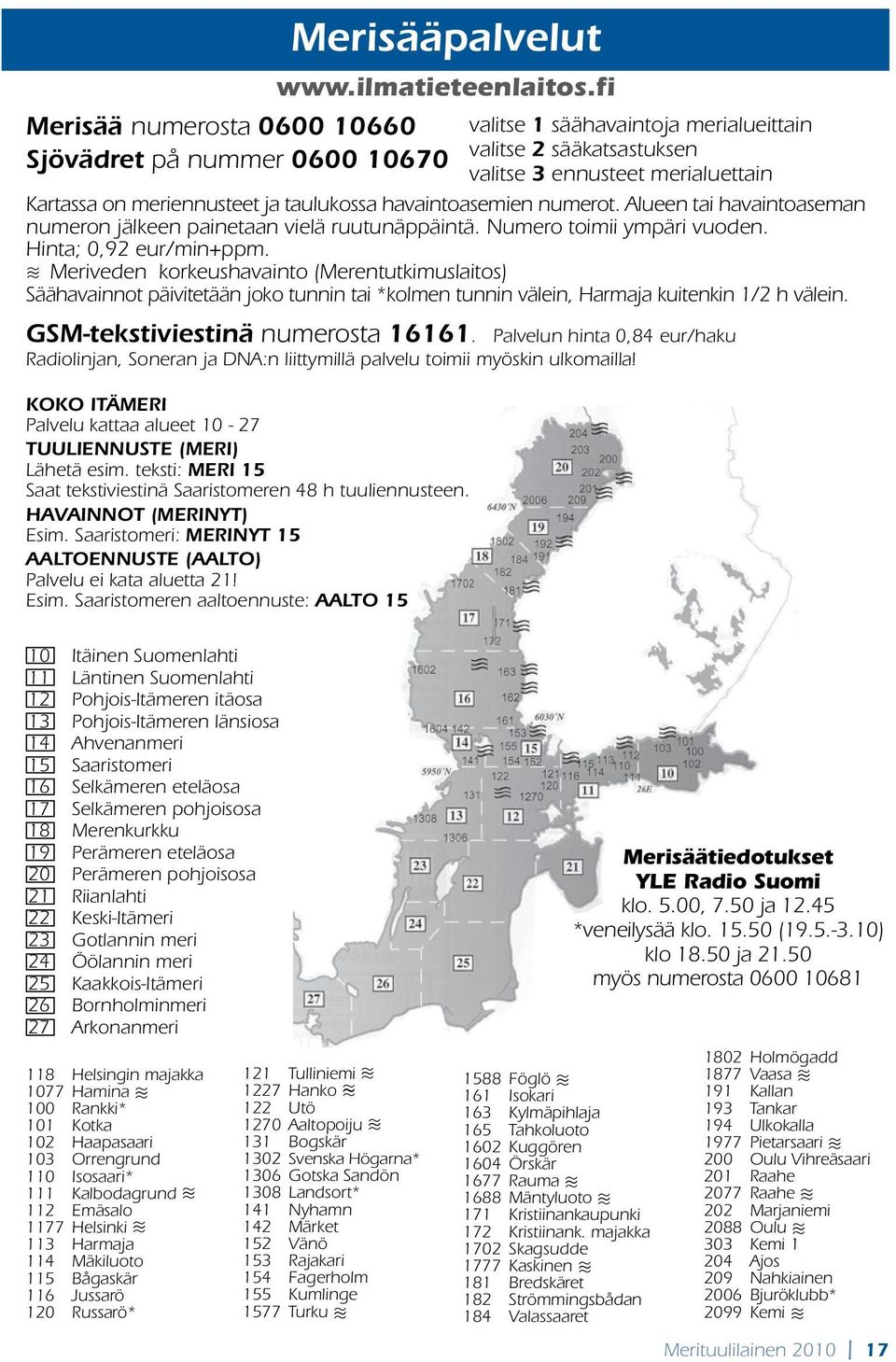 Meriveden korkeushavainto (Merentutkimuslaitos) Säähavainnot päivitetään joko tunnin tai *kolmen tunnin välein, Harmaja kuitenkin 1/2 h välein. GSM-tekstiviestinä numerosta 16161.